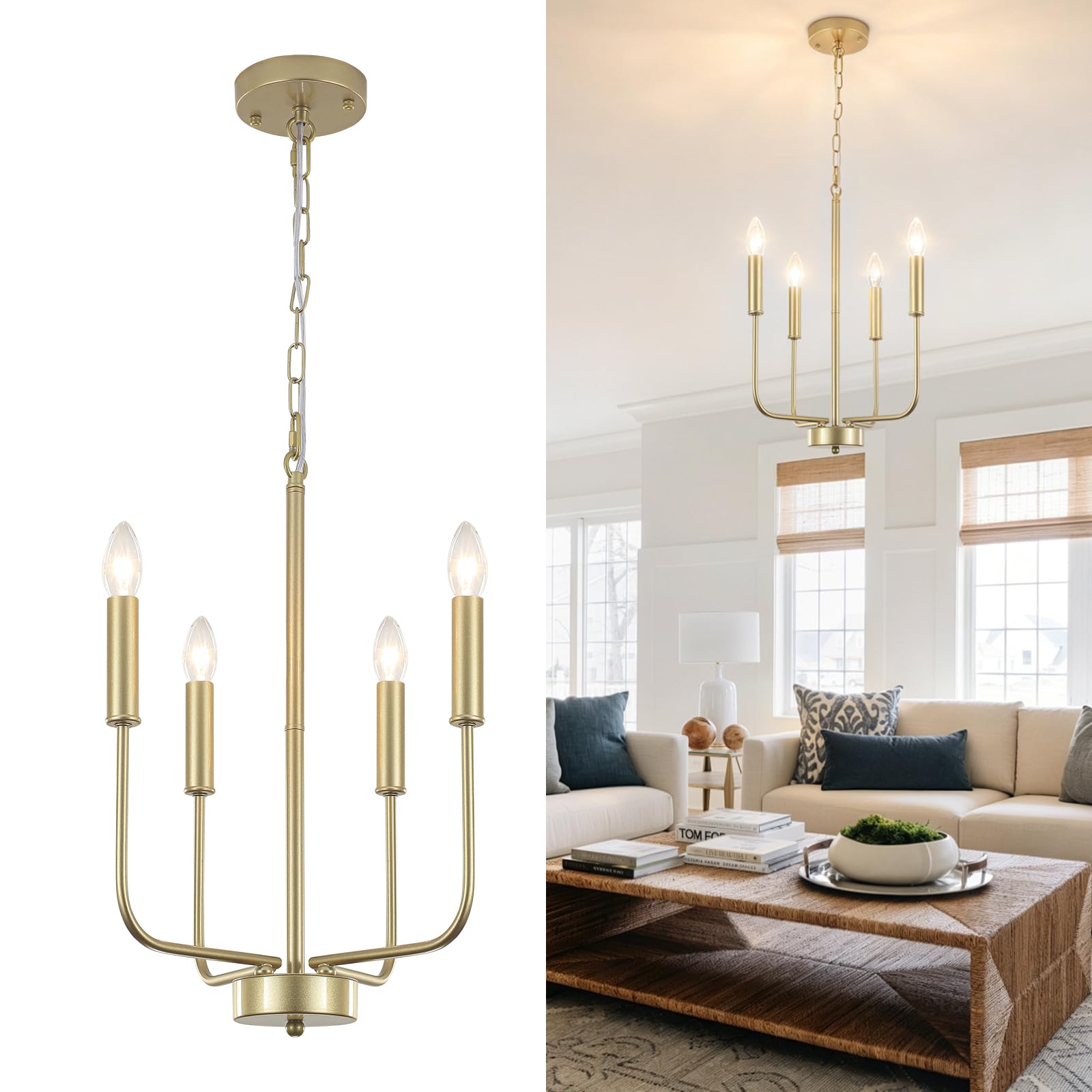Kronleuchter Gold 4 Flamming Kronleuchter Modern Deckenleuchte Wohnzimmer | Deckenleuchte Kronleuchter Vinatge Pendelleuchte Modern Hängeleuchte für Esstisch Küche Schlafzimmer, Höhenverstellung, E14
