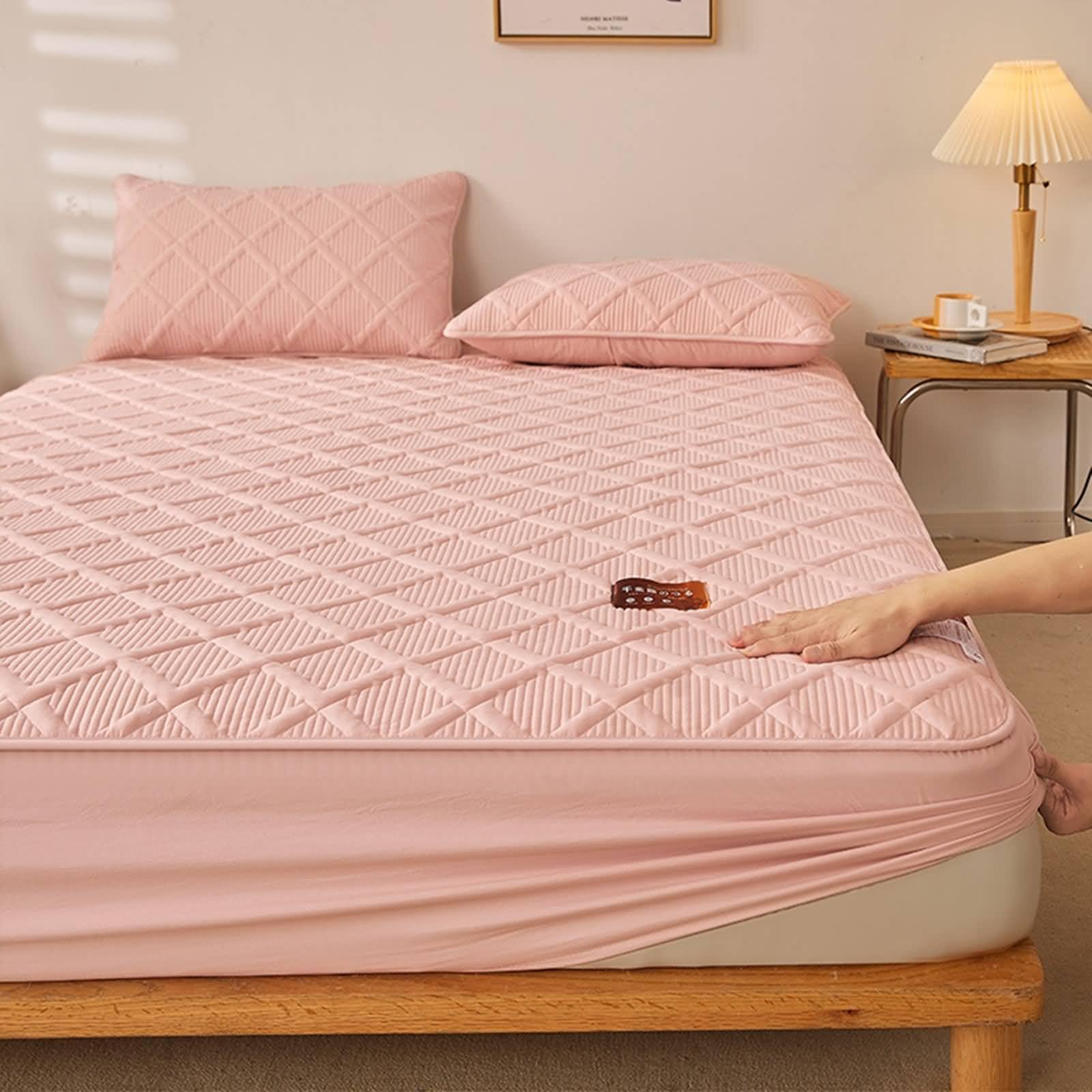 KnSam Prześcieradło z gumką 90 x 190 cm, zmywalne, jednokolorowe, ze wzorem w kratkę, prześcieradło z gumką, bawełna, tekstylia, prześcieradło do łóżka, różowe, do łóżka kontynentalnego