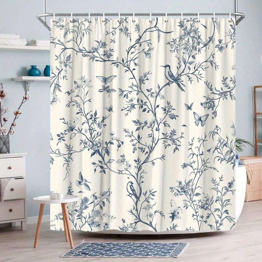 GLKSDLPO Vintage Plant-Pattern Shower Curtain, Blue Branches And Bird Designs(90x183cm/35x72in(WxH)