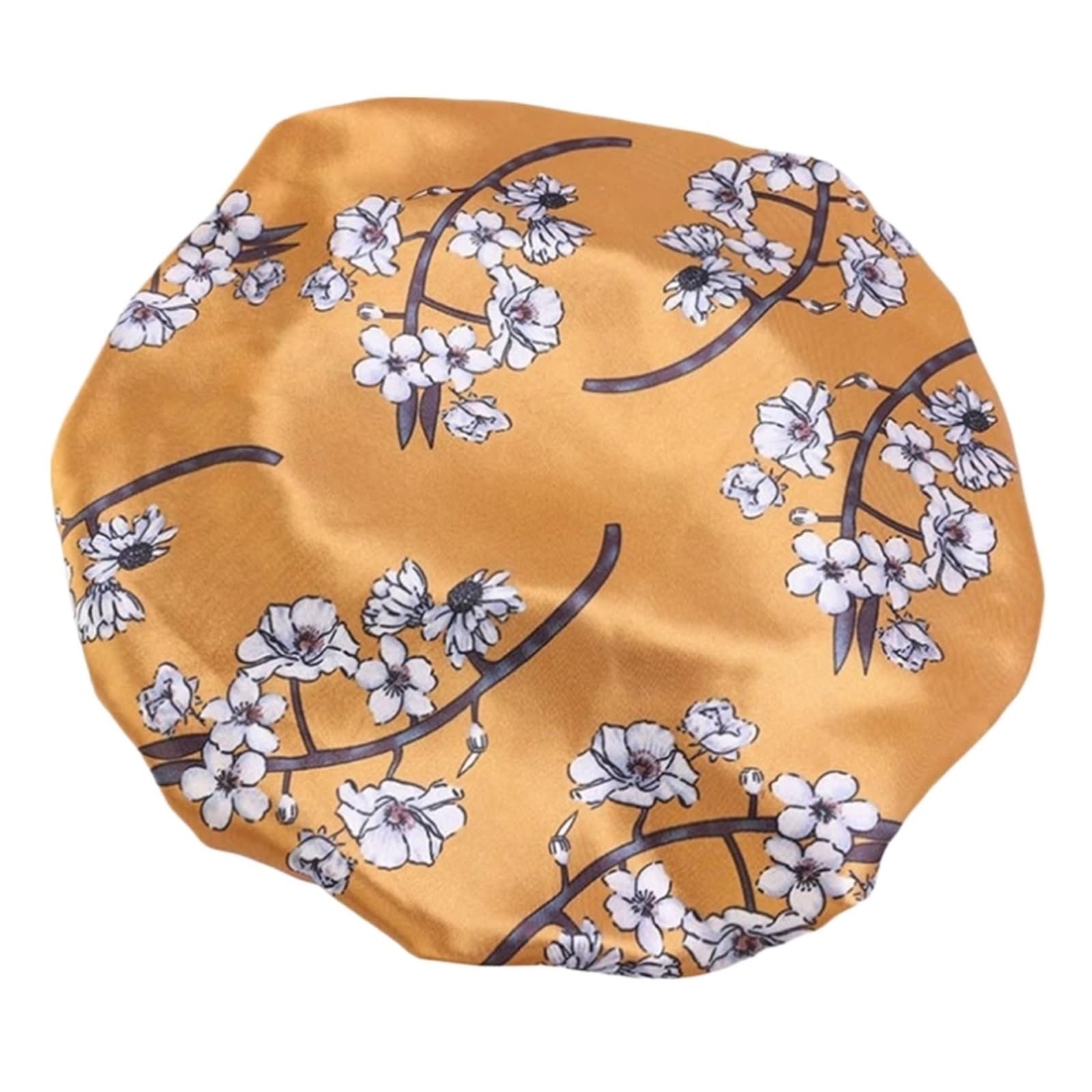 Cofano In Seta Cofano in raso con stampa for donna Fascia elastica larga for il sonno notturno Cappello in Avvolgere la testa Cura dei capelli(Yellow)