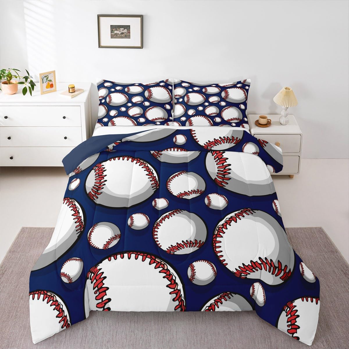 Feelyou Baseball Bedding Set Sports Theme Comforter Set for Kids Boys Girls Teens 3D Blue Ball Pattern Comforter Breathable Baseball Games Duvet Set Room Decor Quilt Set King Size