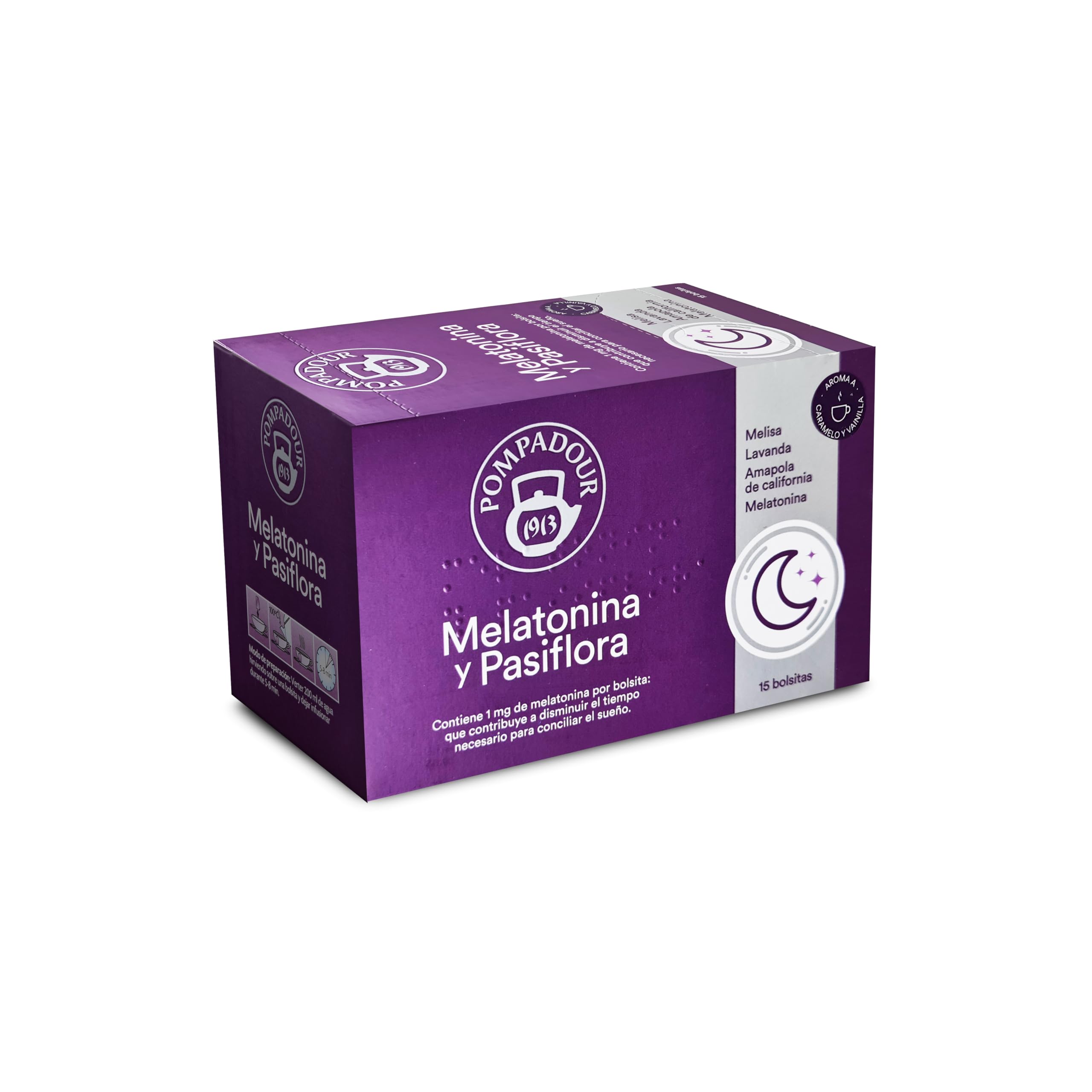Pompadour | Melatonina y Pasiflora | Contribuye a Disminuir el Tiempo Necesario para Conciliar el Sueño | 1 Mg de Melatonina por Bolsita | 15 Bolsitas de 2 Gr