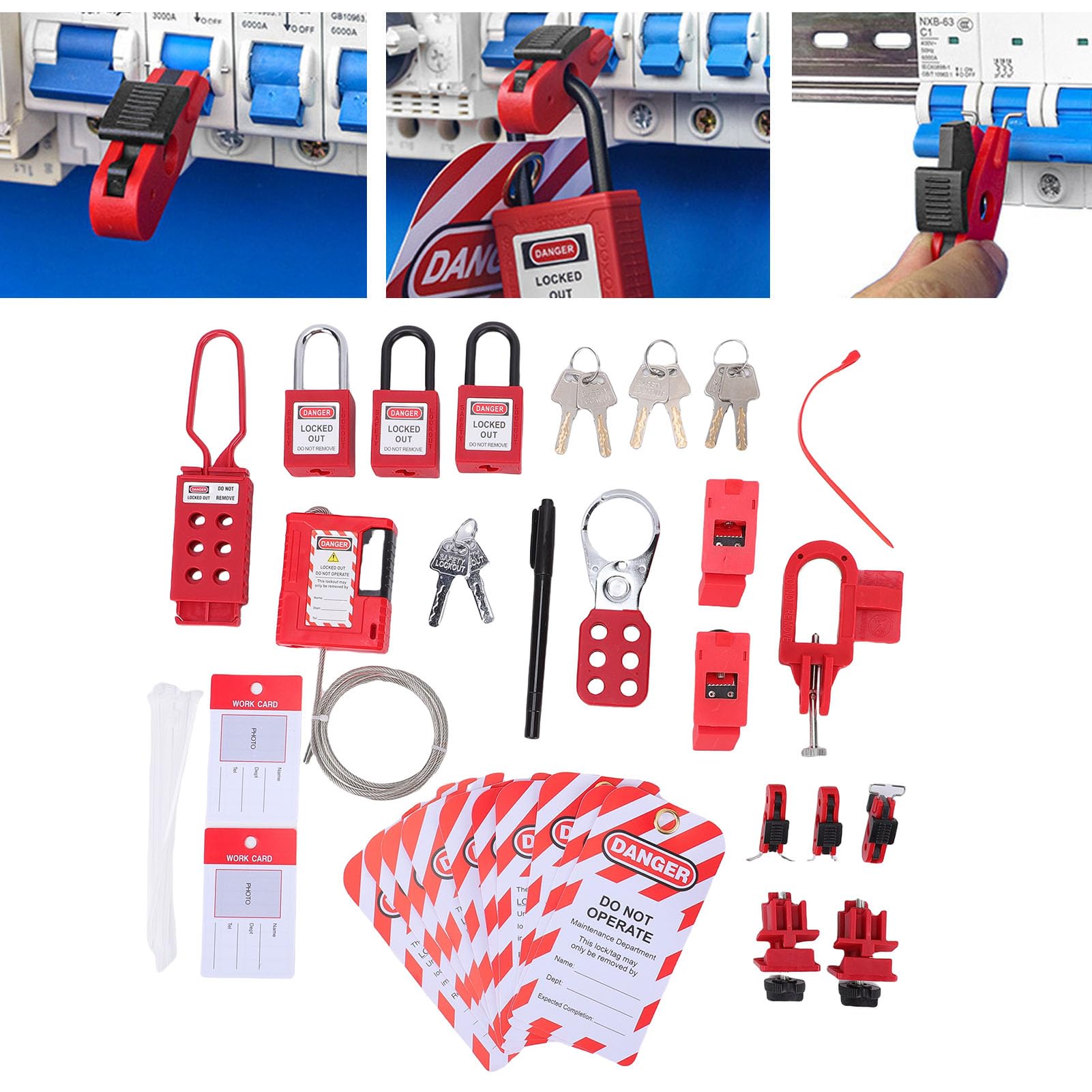 Kit de Etiquetado de Bloqueo Loto Eléctrico, Bloqueo de Disyuntor con Abrazadera, Cerrojos de Grupo Completos, Kits de Etiquetado Eléctrico para Maquinaria