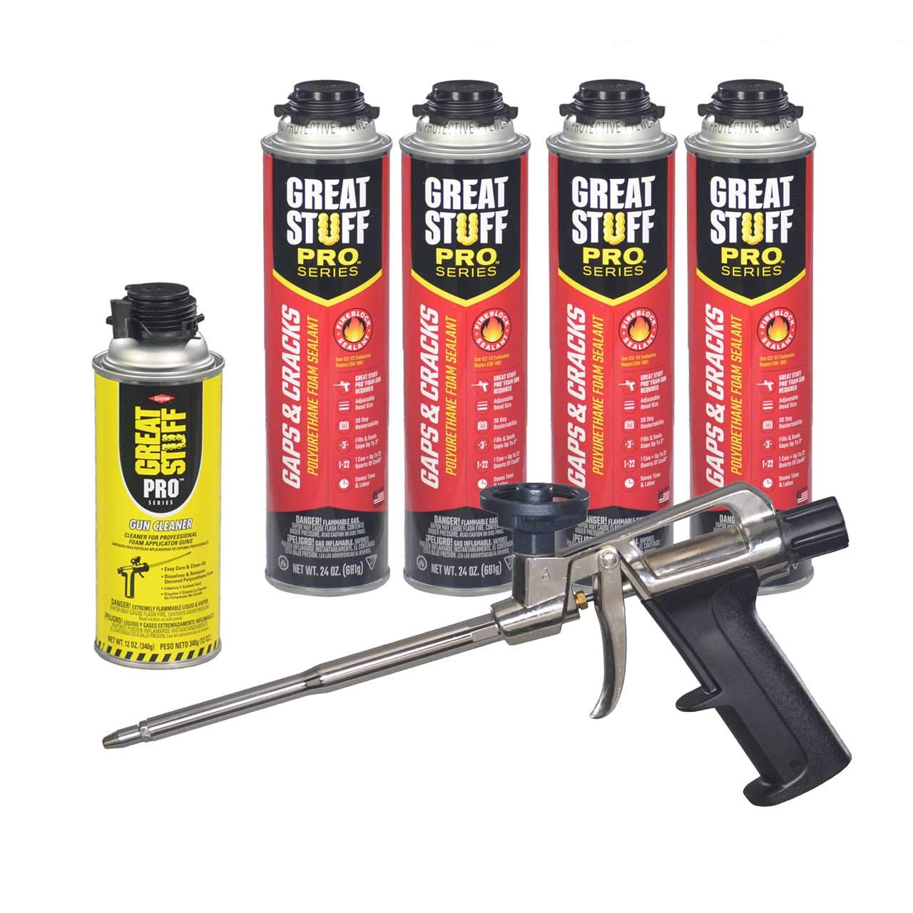 Dow Great Stuff Pro Gaps and Cracks Foam (4 cans) & Pro 14 & Gun Cleaner - 341557
