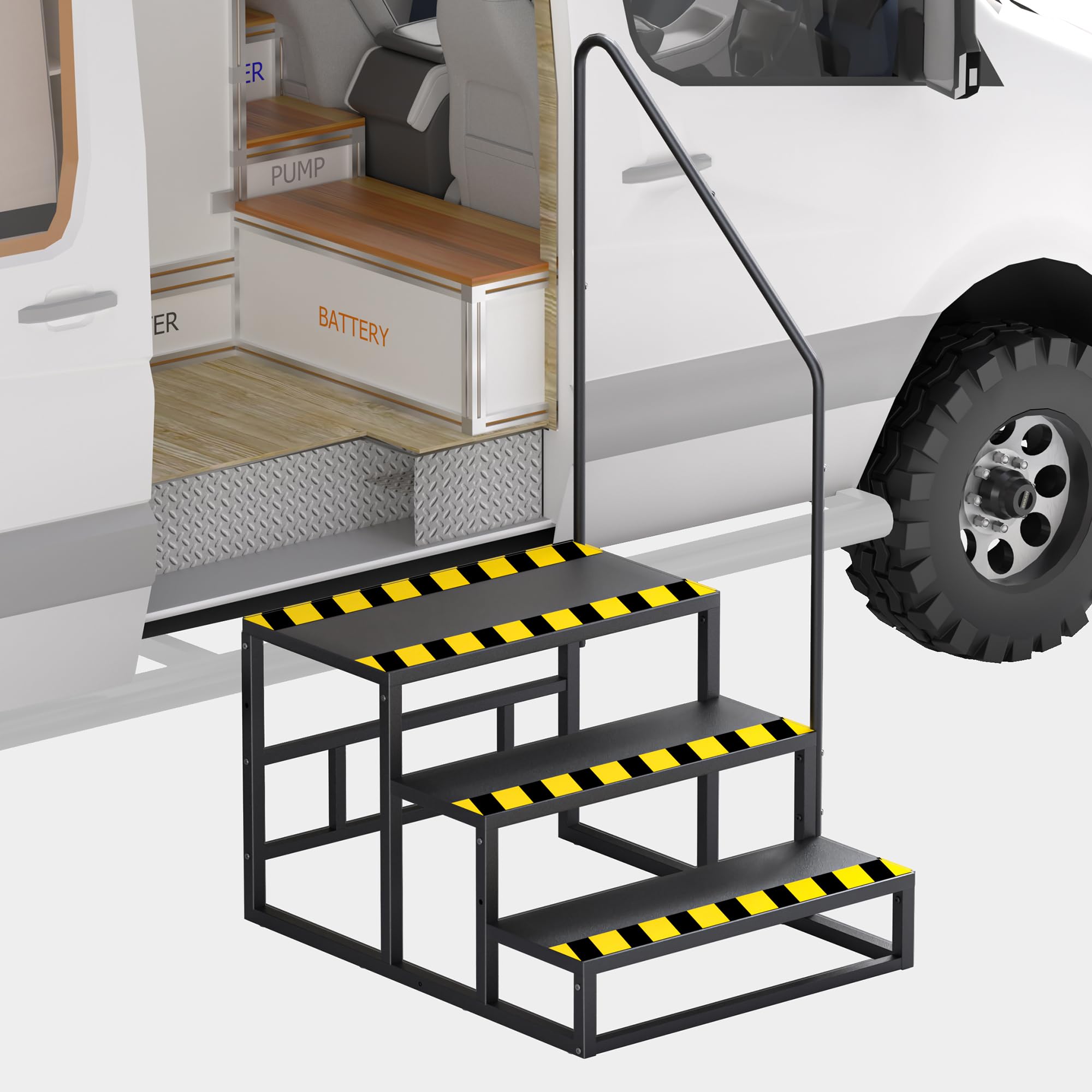 3 Step RV Stairs, Hot Tub Steps with Handrail, Anti-Slip Heavy Duty Ladder Shelf, Mobile Home Steps for Travel Trailers, Camper, Hot Tub, Pool and Porch, Hold up to 440 lbs, Black