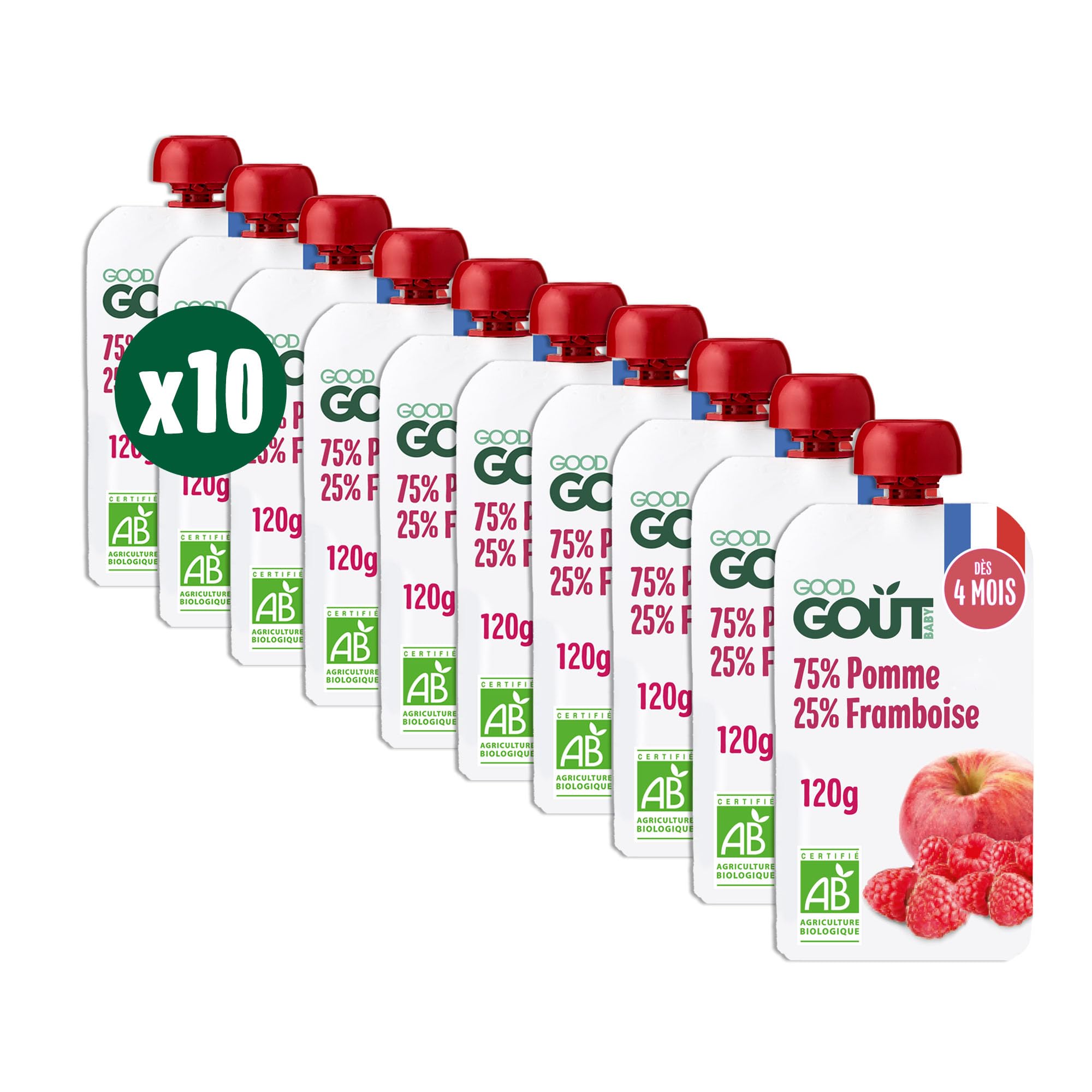 GOOD GOÛT - Gourdes Pomme Framboise - Purée Bébé - Dès 4 Mois - 75 % Pomme, 25 % Framboise - Sans Sucres Ajoutés - Fabriqué En France - 10x120g (L'emballage peut varier) - 1