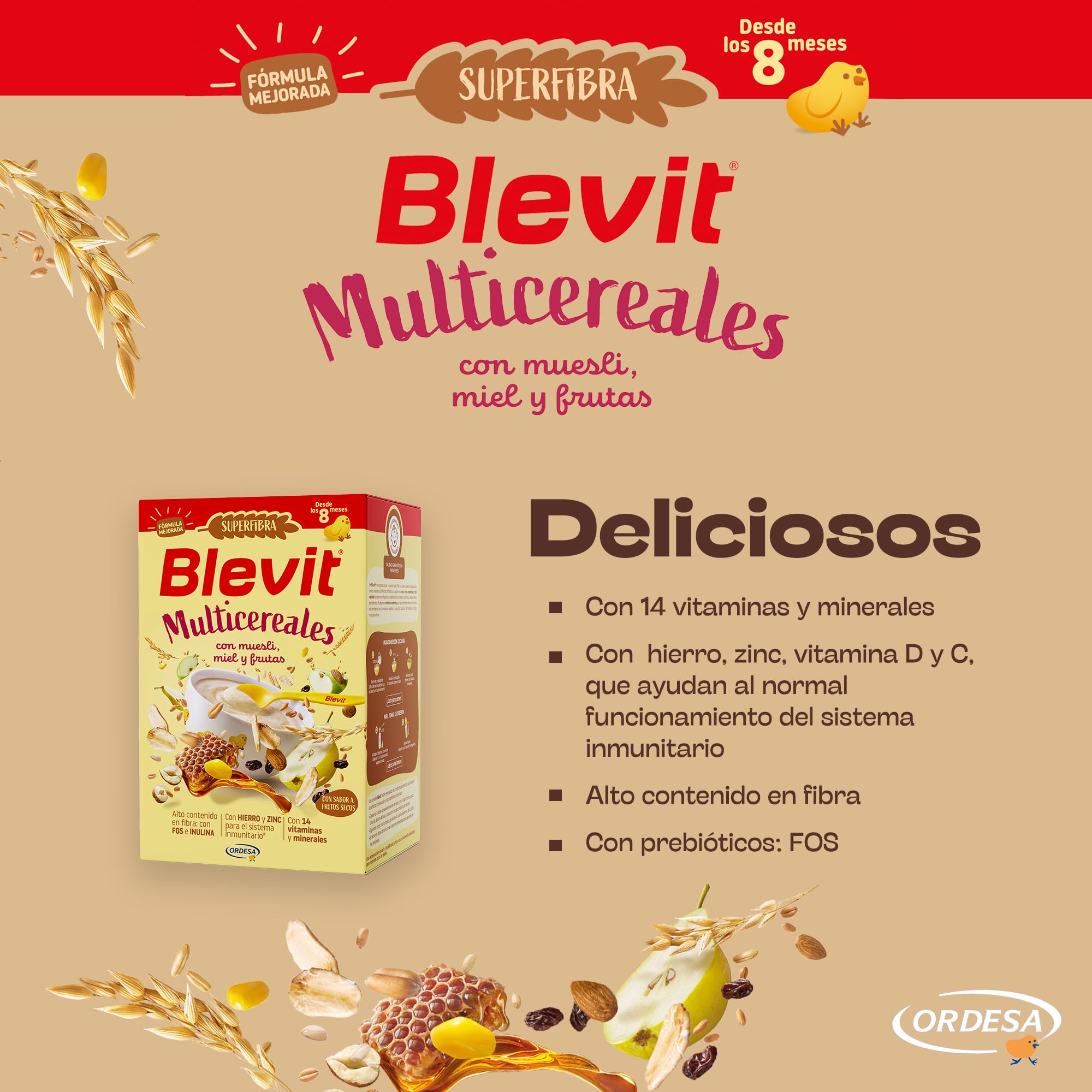 Blevit Superfibra Multicereales Papilla 8 Cereales con Muesli, Miel y Fruta 500g para Bebé 8 Meses