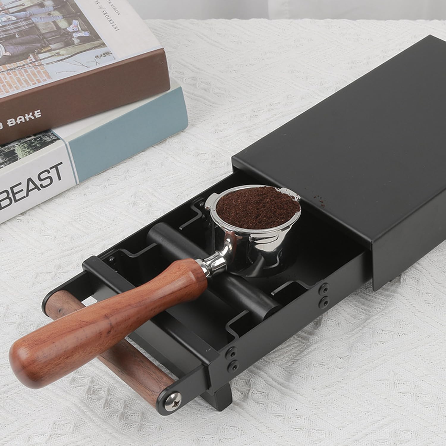 knock box aus Edelstahl mit Holzgriff, Siebträger Abklopfbehälter Schublade (Schwarz)
