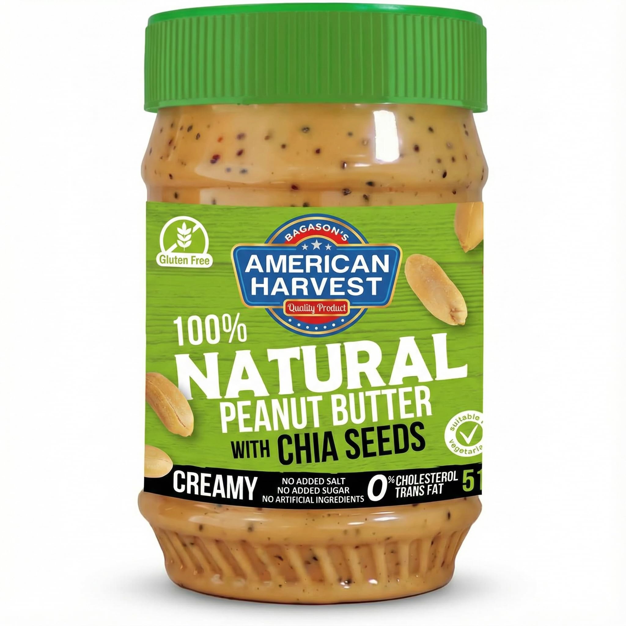 American Harvest 100% Natural Peanut Butter Creamy With Chia Seeds No Added Sugar/Sweetener Salt, 510 Gm