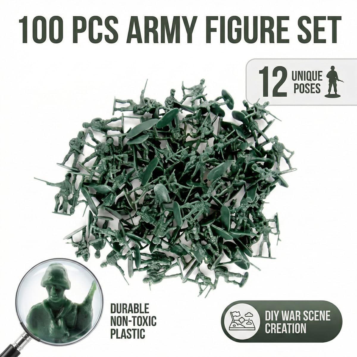Lotsdonxia 100 Pcs Mini Plastic Soldiers Figures, Traditional Green - 12 Style Poses for DIY War Scene, 3 centimeters - Image 4