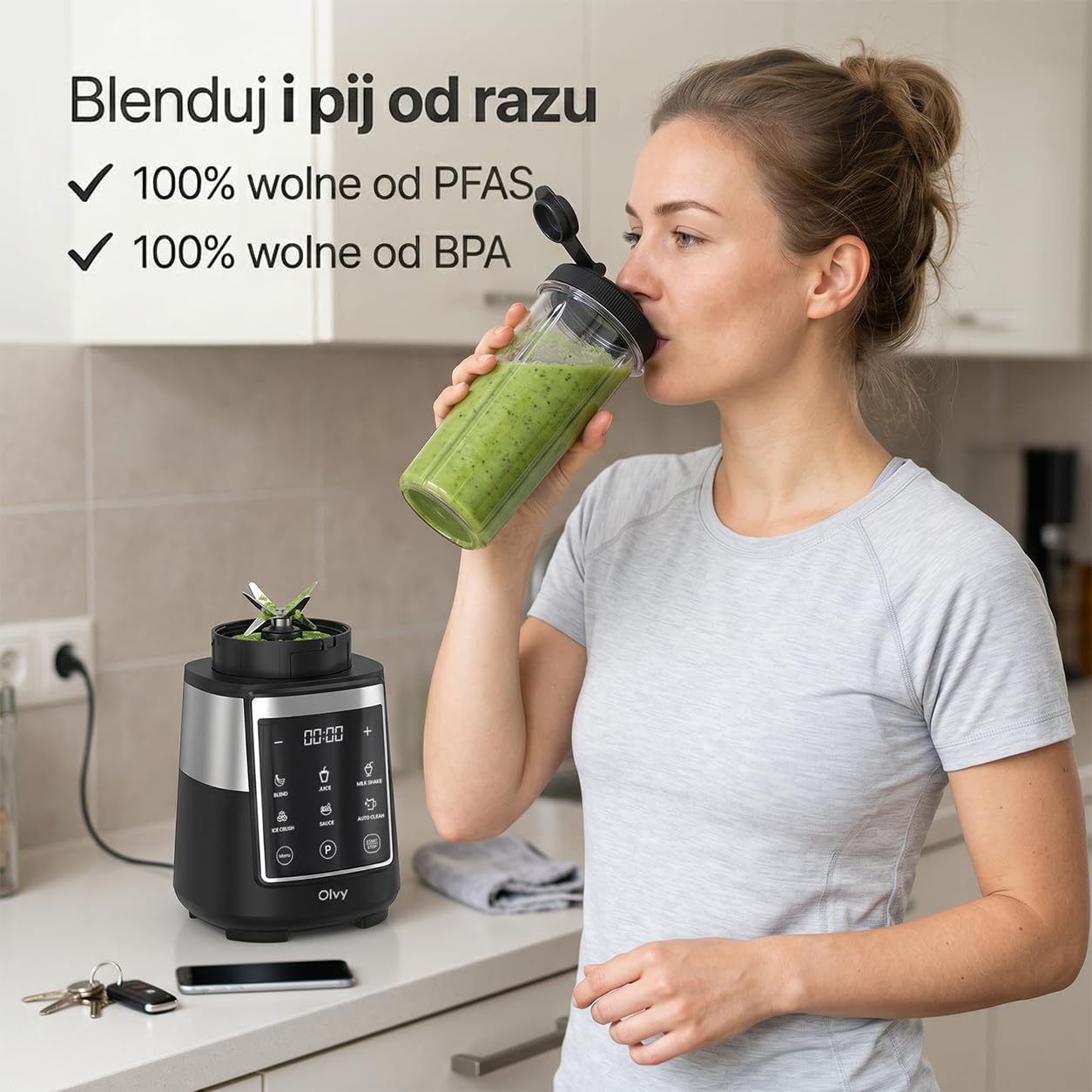 Olvy Blender Smoothie Maker 1500ml Szklany To-Go Timer LED 6 Noży-Black