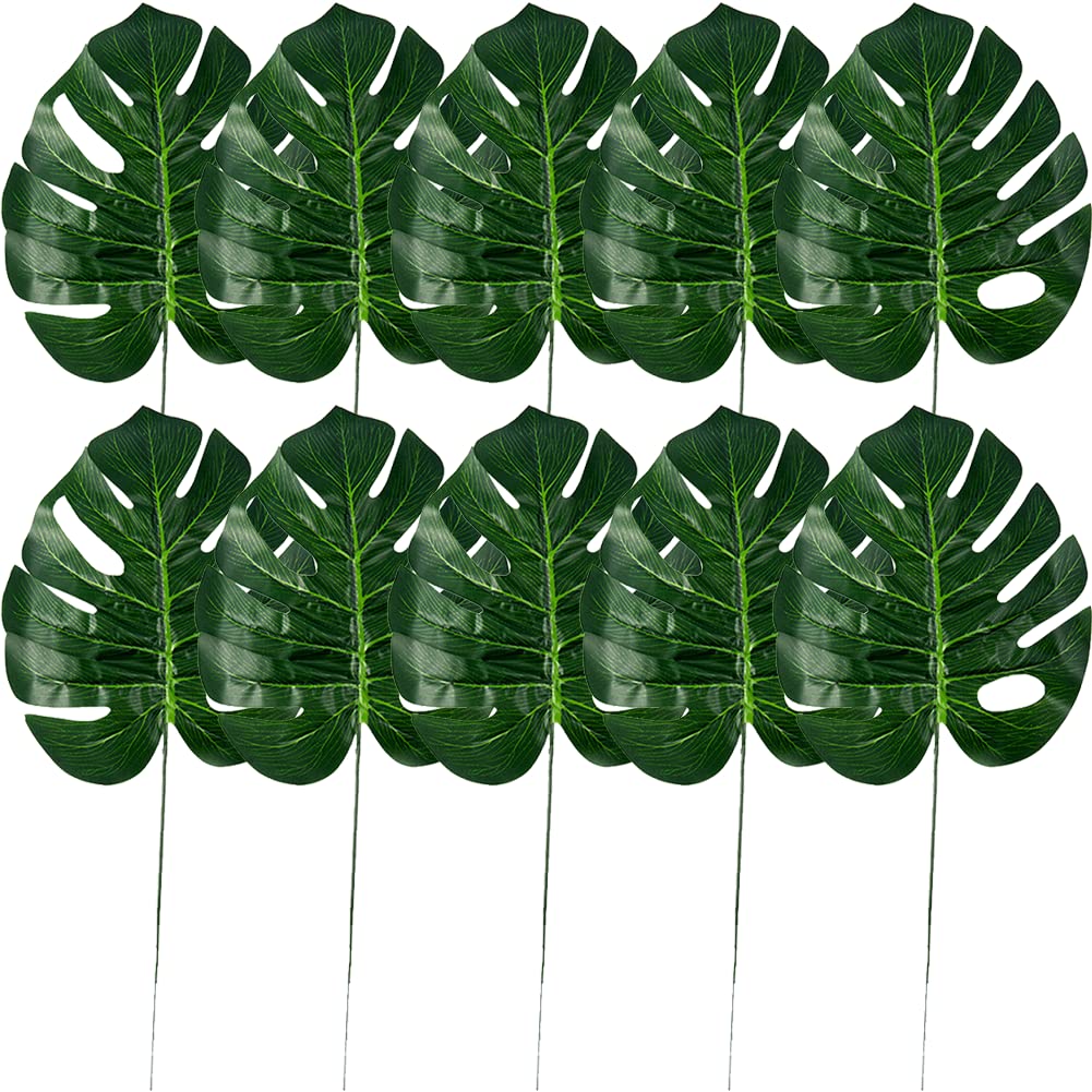 Casecover Green 10Pcs Artificial Tropical Leaves Monstera Plant Leaves For Hawaiian Luau Party Decor Safari Jungle Beach Theme Birthday Party Decorations