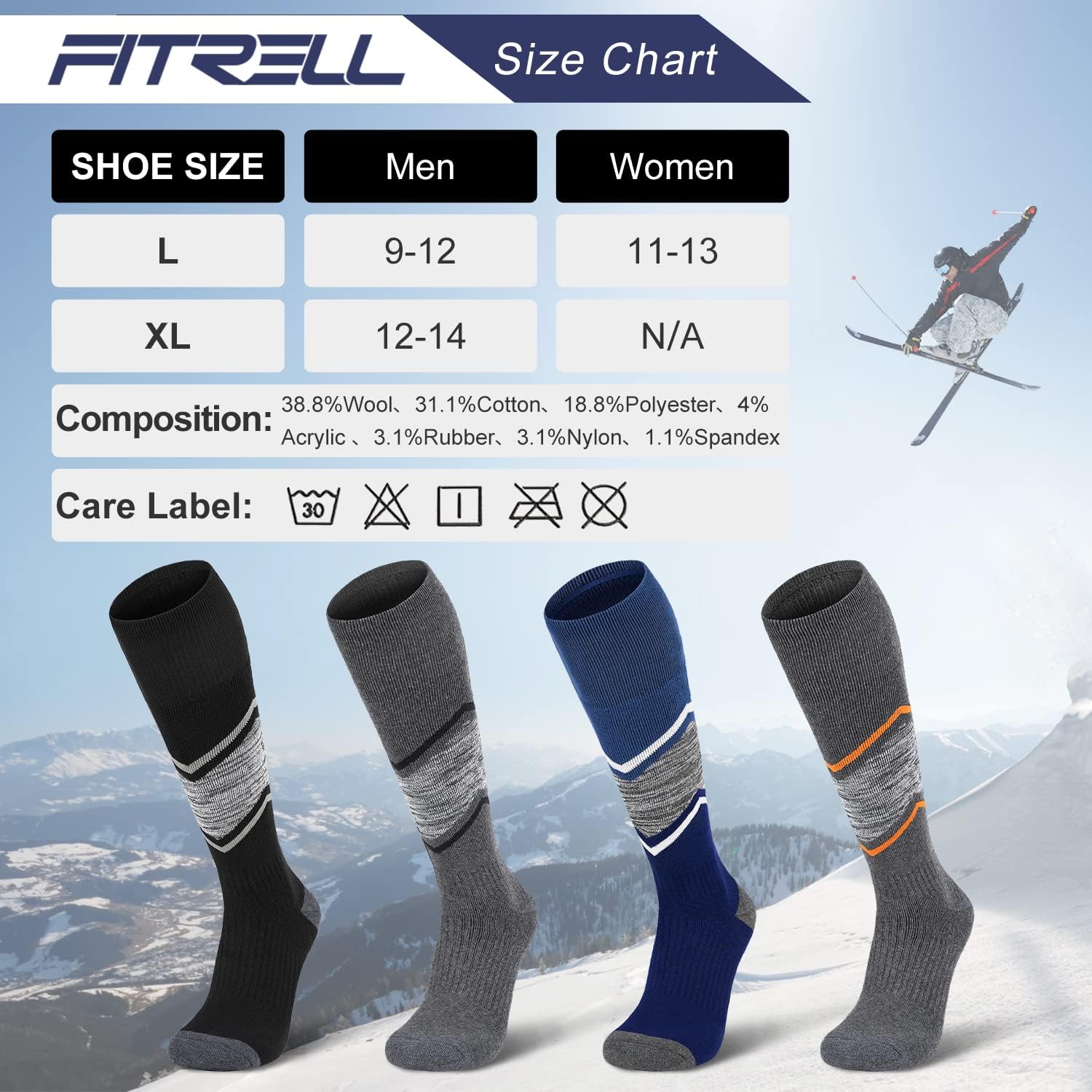 FITRELL 2/3 Pack Merino Wool Ski Socks for Snowboarding, Full Cushioned Winter Thermal Knee-high Warm Socks for Men and Women - Image 2