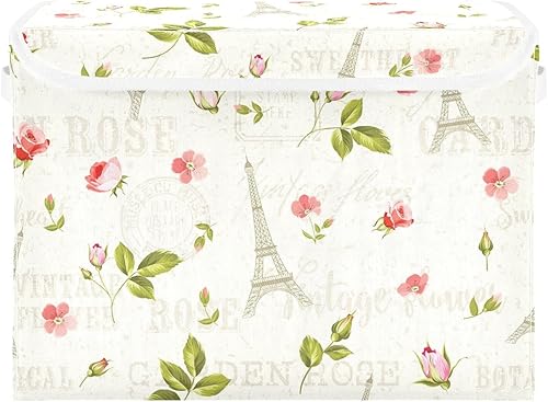 Miniatura 2 de GEDAKO Contenedores de almacenamiento grandes de tela plegables con tapas de 16.5 x 12.6 x 11.8 pulgadas, Torre Eiffel de París, flores de rosa,