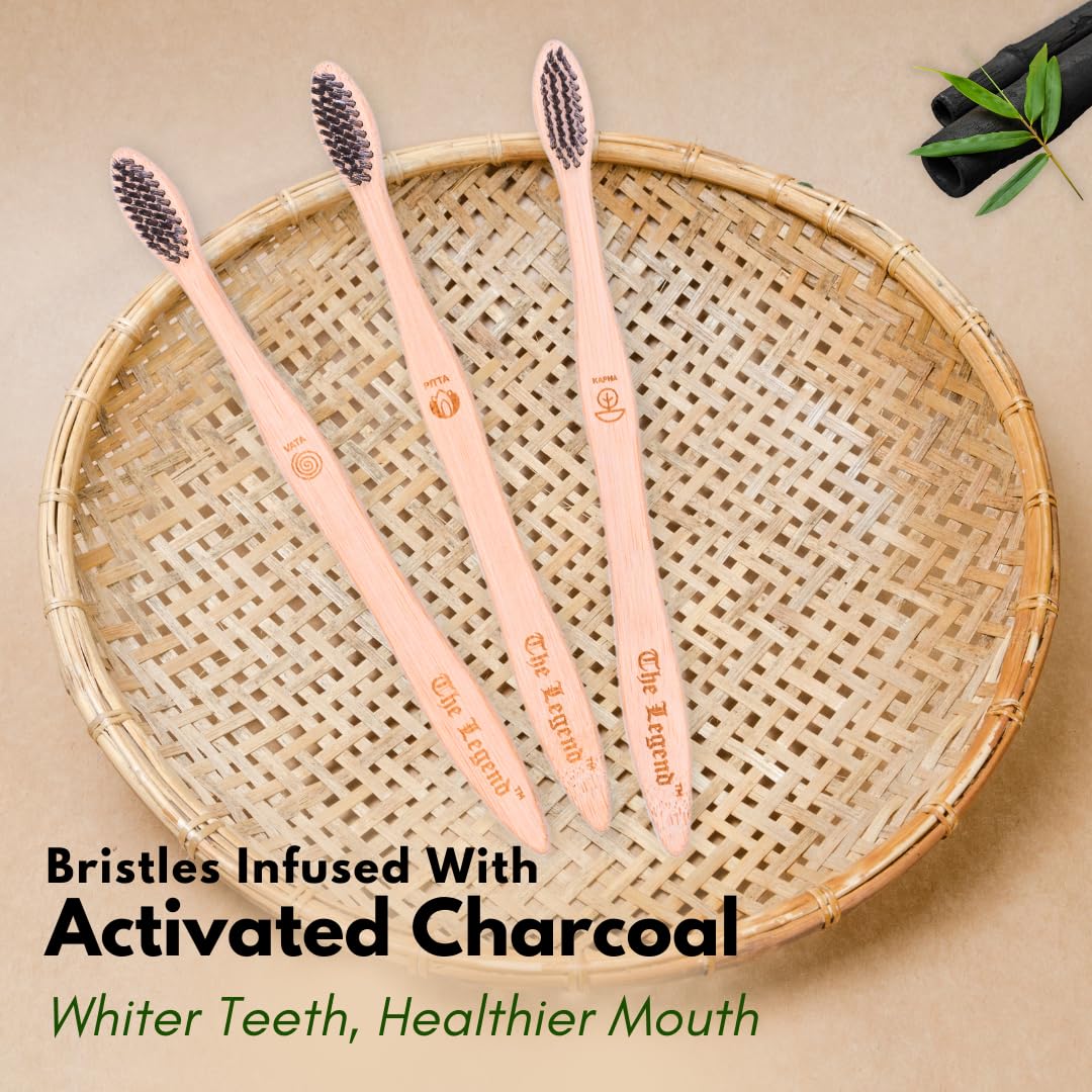 The Legend Bamboo Wooden Toothbrush with Activated Charcoal Infused Brishtles, Pack of 3 Units, 1 Storage Bag 4
