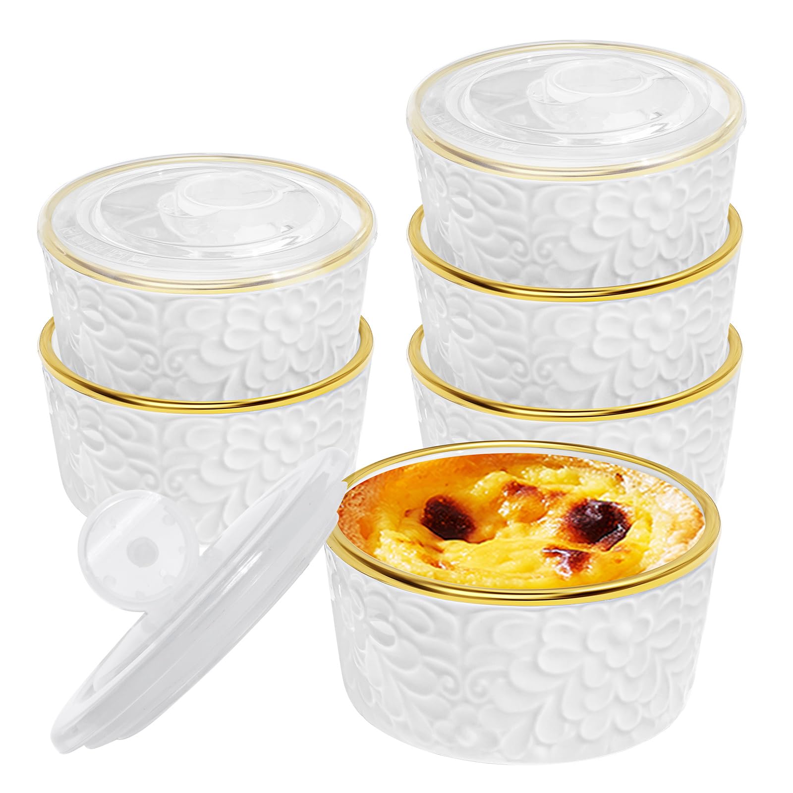 Ramekins Oven Safe with Lids, 8 OZ Creme Brulee Ramekins Embossed Flora White Ceramic Ramekin Baking Dish for Souffle Custard Dips Soup Small Bowls for Dessert Appetizers Meal Prep Thanksgiving