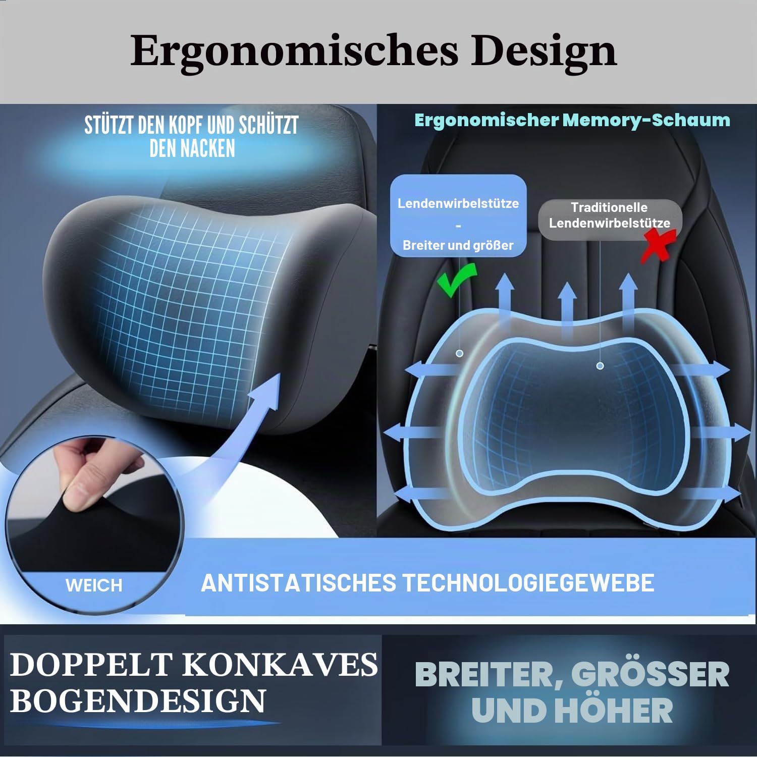 Lendenwirbelstützkissen und Auto Kopfstütze Nackenkissen Set Memory Foam Auto Kopfstütze Kissen Autositz Kopfstütze Lendenkissen für Nacken Rücken Schmerzlinderung Bürostuhl LKW Rollstuhl