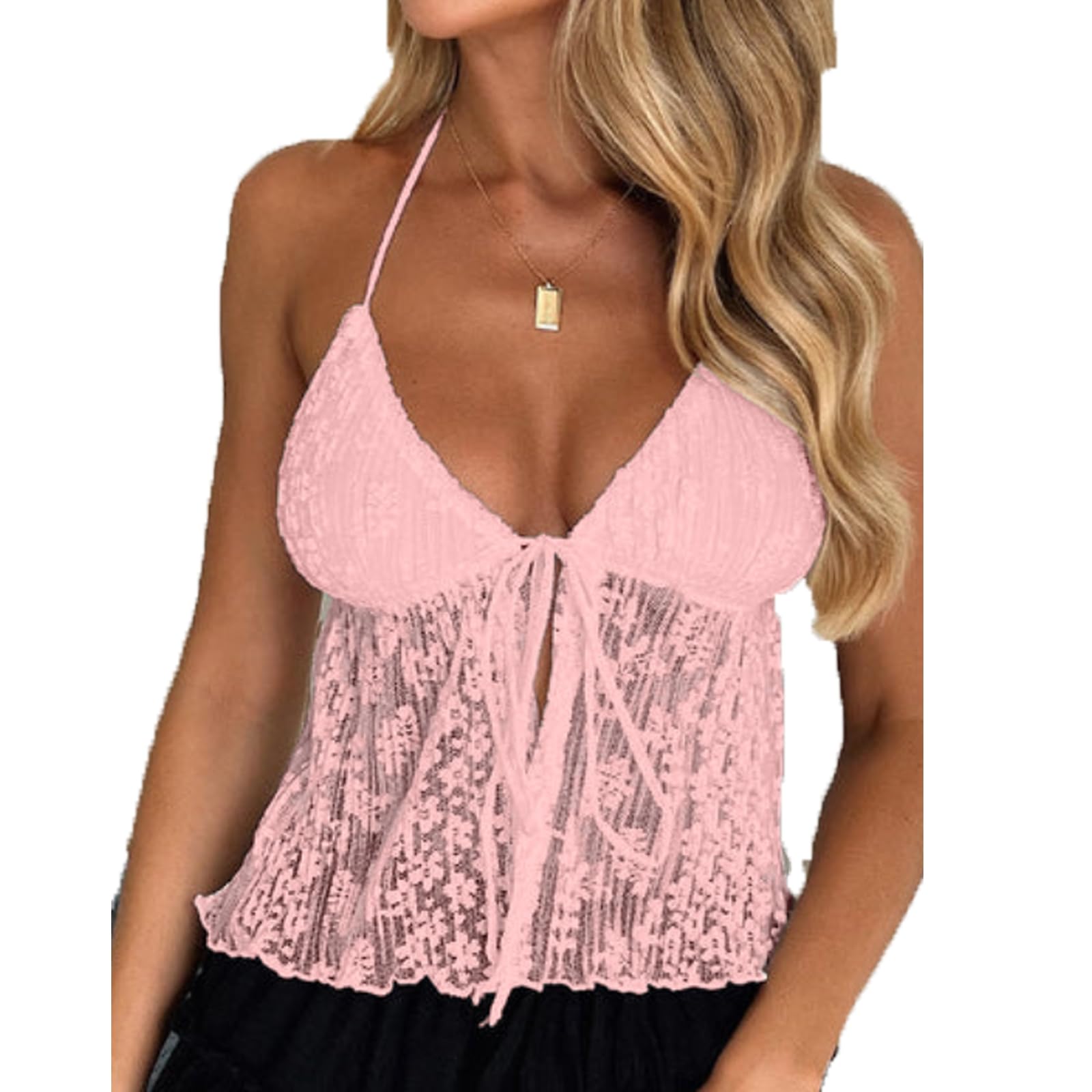 Women's Sexy Halterneck Tie-Up Front Crop Top Sleeveless Backless Lace Cardigan Tops Streetwear
