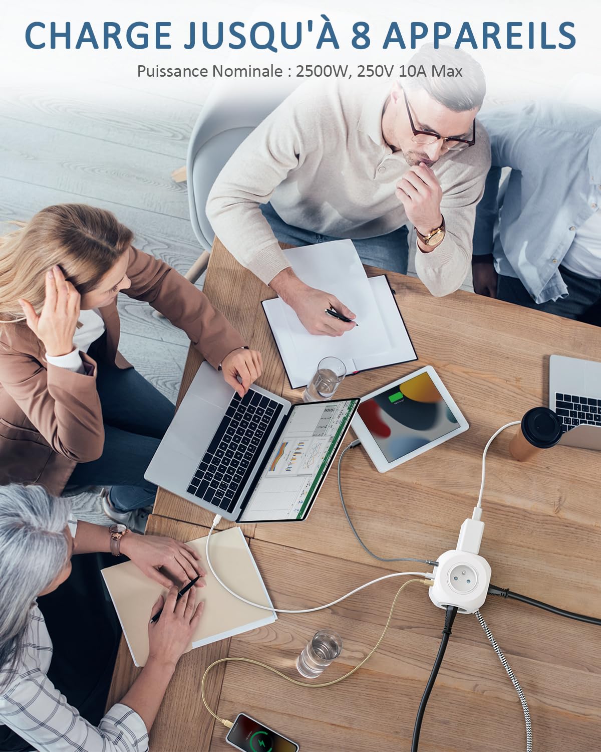 LENCENT Cube Rallonge Électrique Multiprise 2M, Fiche Plate | 4 Prises 3 USB-A,1 USB-C Câble Tressé 2m, Protection Contre Les Surtensions avec Interrupteur pour Cuisine, Bureau