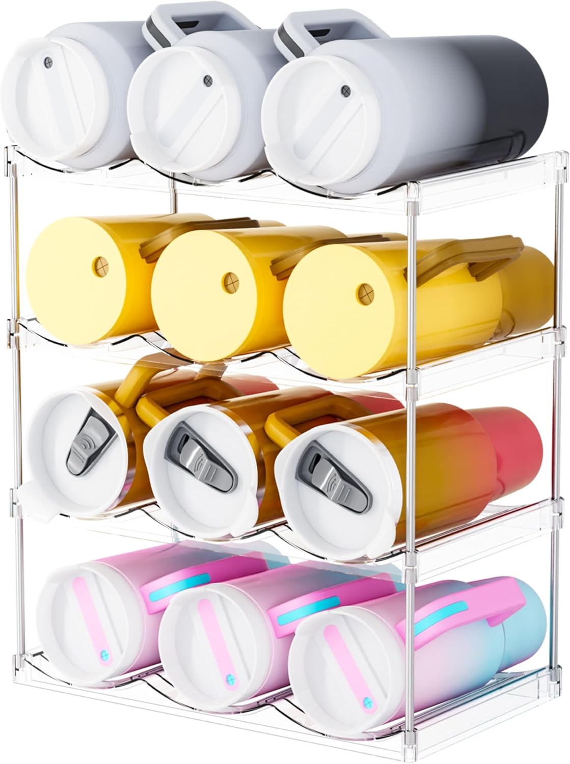 Stackable Water Bottle Organizer for Cabinet,4 Pack Water Bottle Holder for Stanley Yeti 40 oz Bottle Shelf,Clear Tumbler Storage Organizer,Wine Rack,Cup Organizer for Kitchen Cabinets Counter Pantry