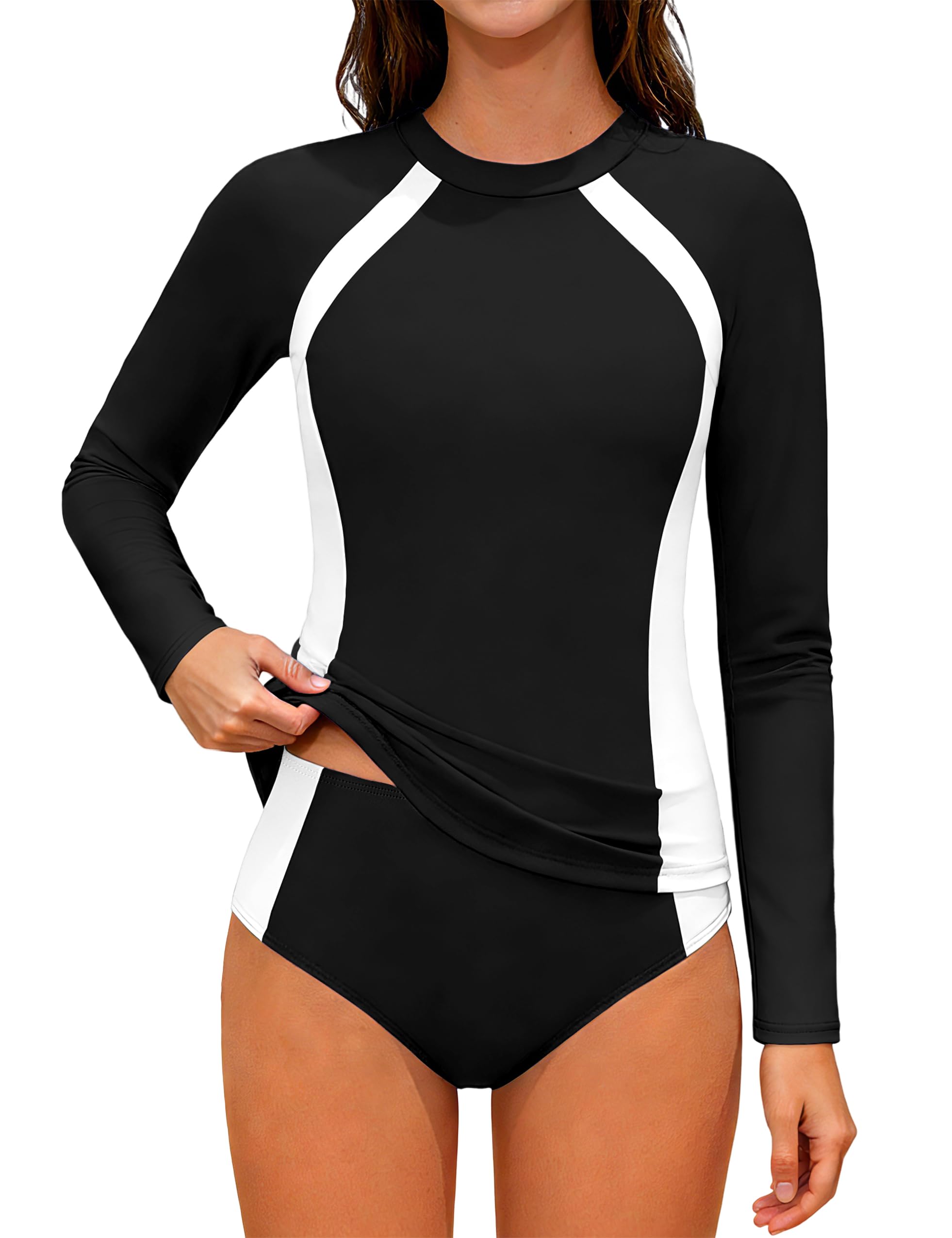Photo 1 of TyeSmo Girls Swimsuits Size 10-12 Rash Guard Swimsuit Long Sleeve Girls Bathing Suits Size 10-12 Two Piece Color Block Swimsuit for Girl 10 12 UPF 50+ Sun Protection Padded Swimwear Black