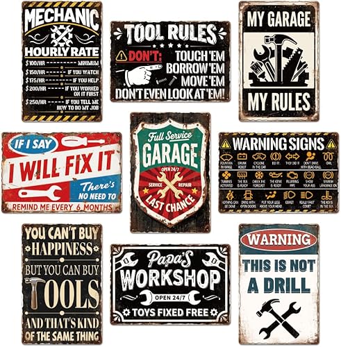 9 piezas vintage de garaje accesorios mecánicos, decoración de cueva de hombre, divertidos letreros de metal para garaje, decoración de pared de