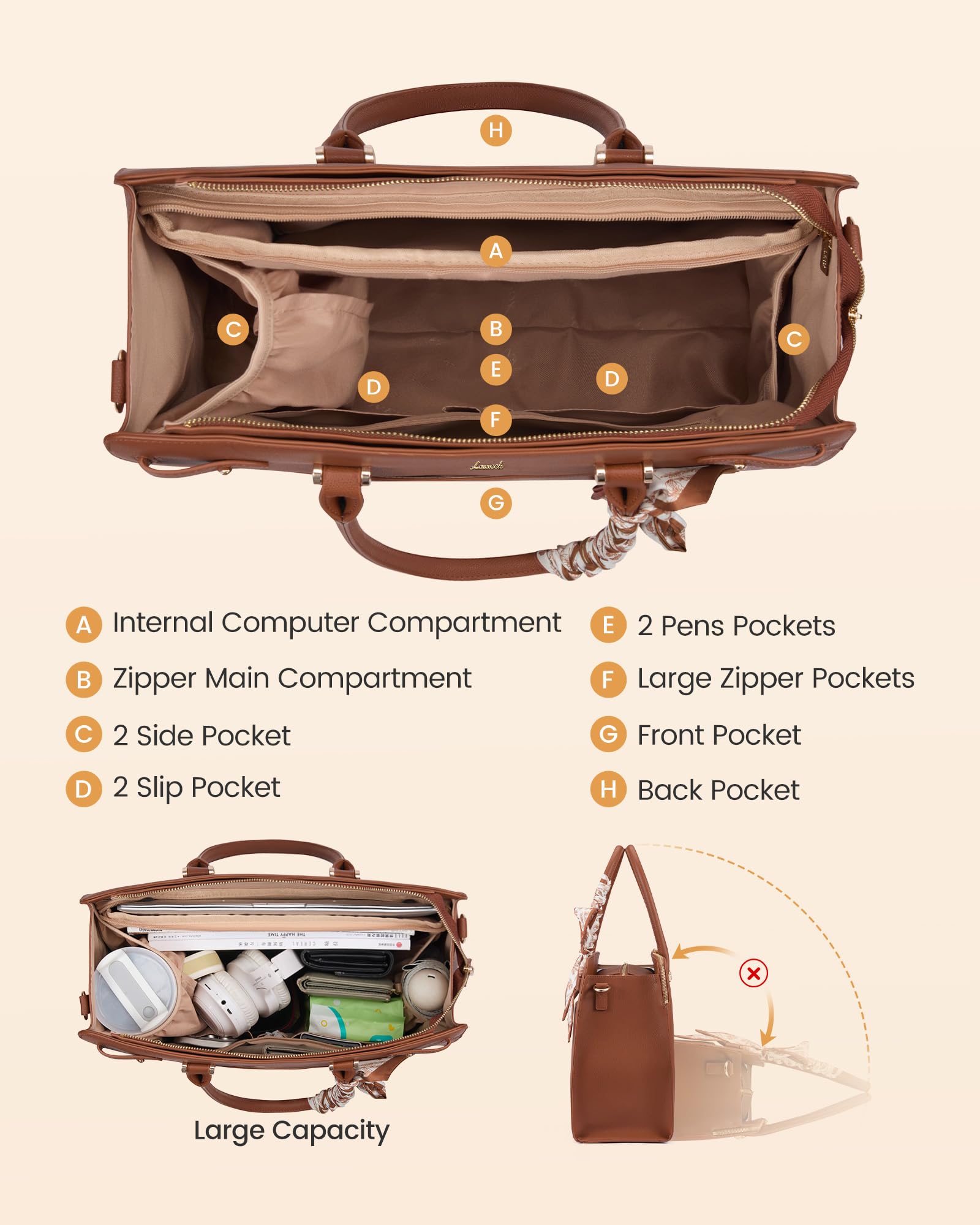 LOVEVOOK Handtasche Damen Groß mit Seidentuch, Laptoptasche 15,6/17,3 Zoll, Elegante Arbeitstasche mit Separates Gepolstertes Laptopfach, Wasserabweisender PU Leder Shopper Tote Bag für Uni Büro