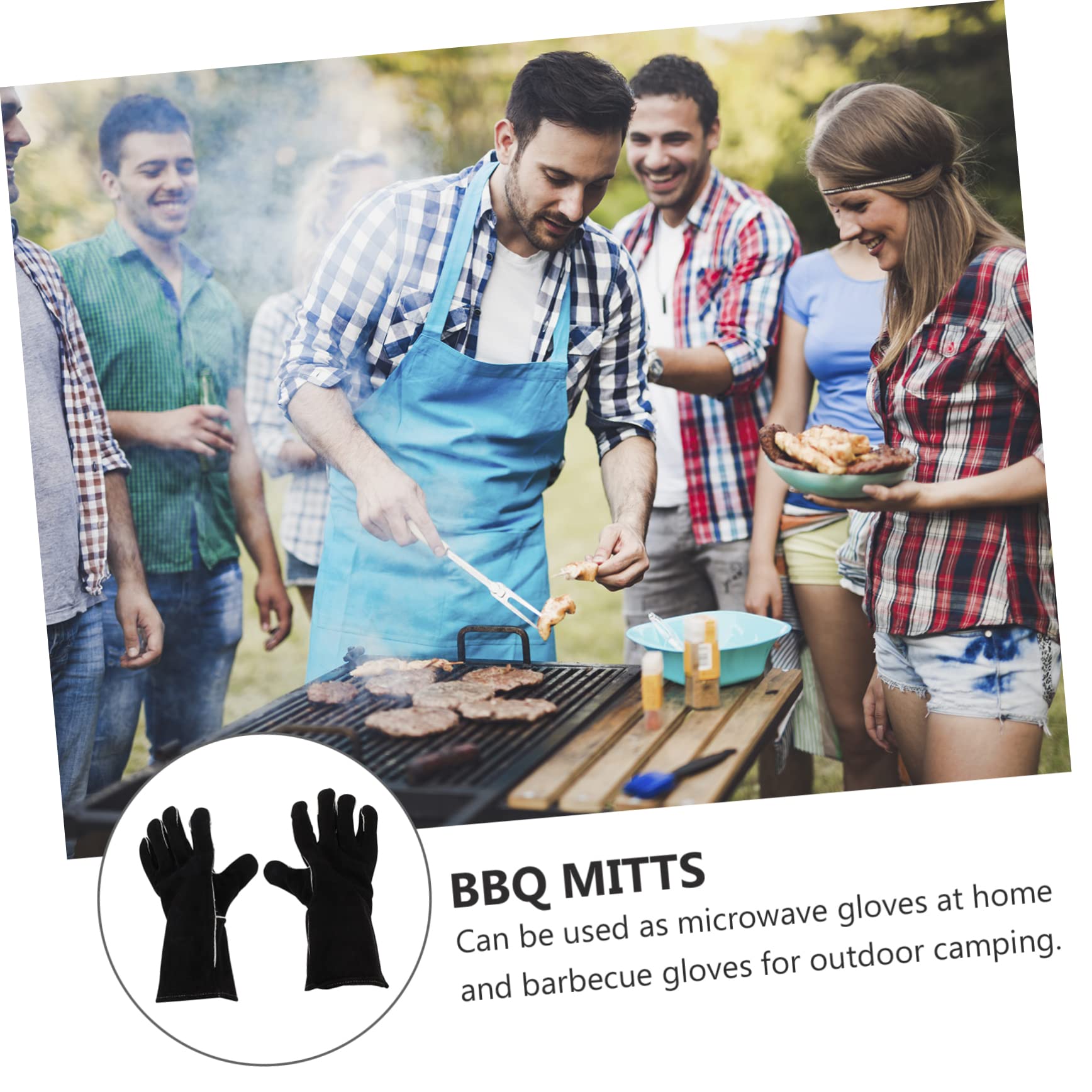 Guanti per Barbecue Anticalore in Pelle Bovina Nera, Design a 5 Dita, Protezione Completa e Presa Antiscivolo per Campeggio e Casa