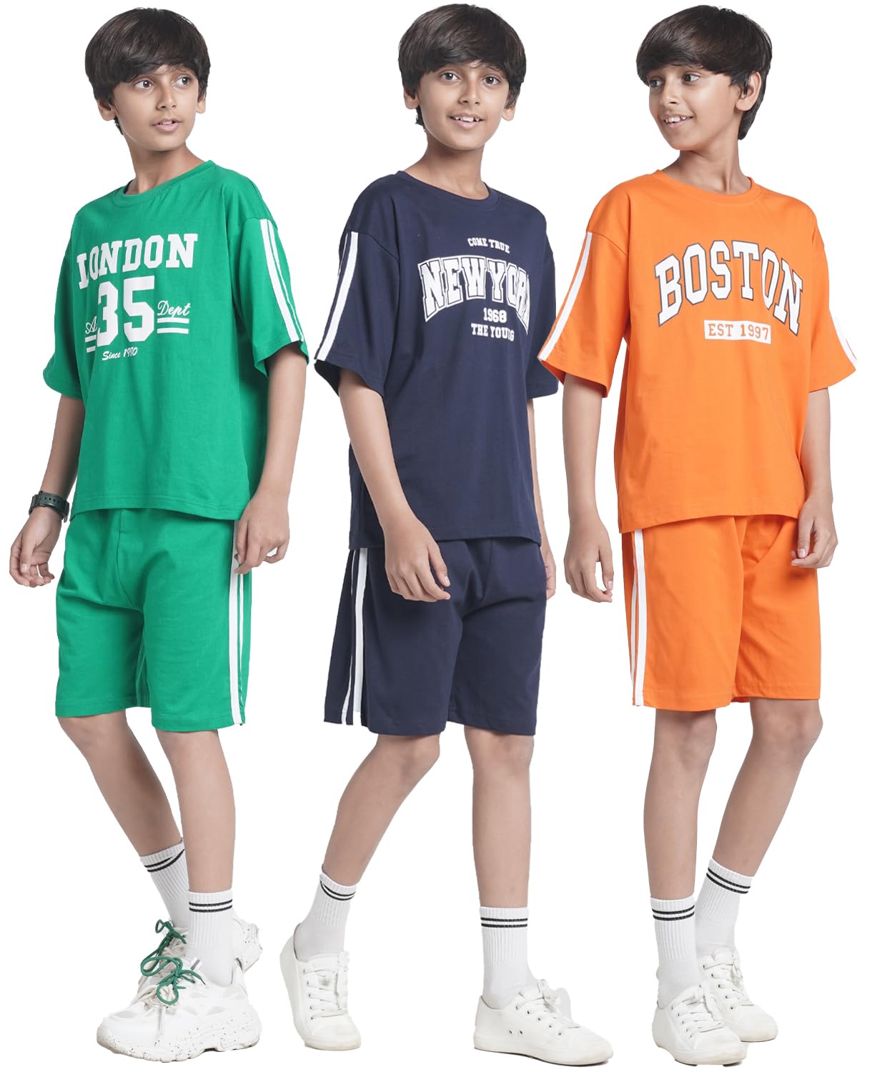 T2F Boys Cotton Printed DropShoulder Fit T-Shirt and Shorts Clothing Set (Pack of 3)