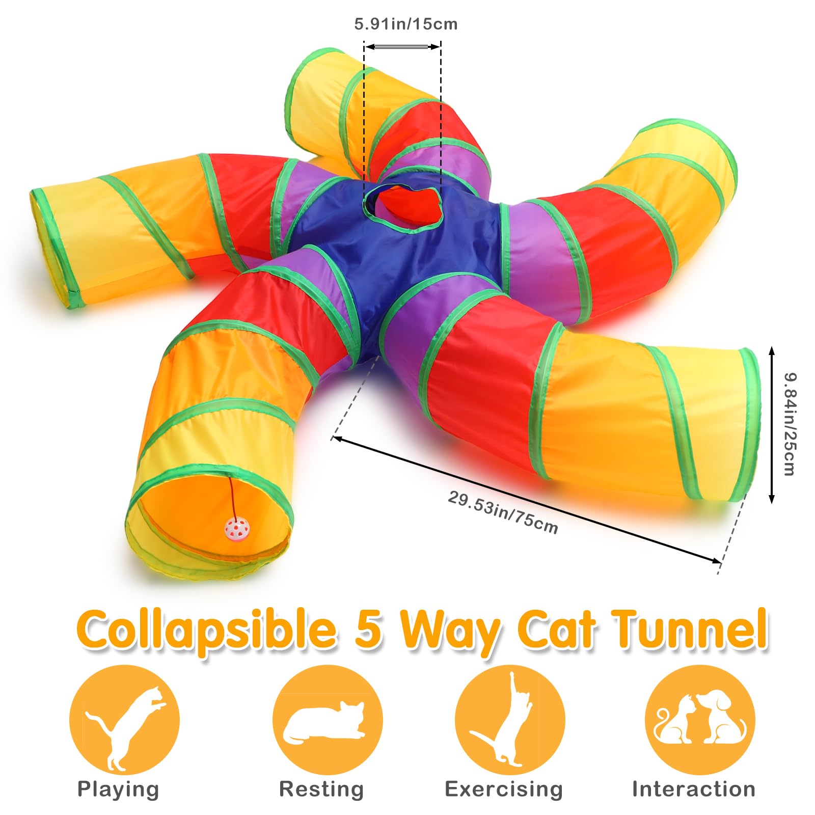 Poen Juego de 21 juguetes para gatos con túnel plegable de 5 vías para gatos de interior y 20 juguetes interactivos de plumas para gatos, bolas arrugadas, tubo grande para cachorros, gatitos, conejos