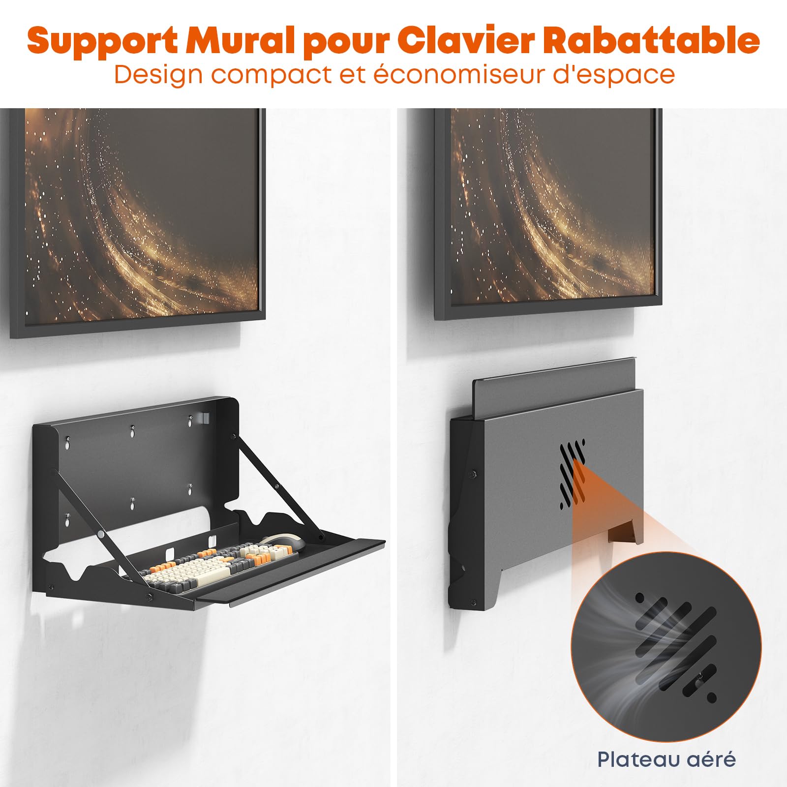 Plateau Clavier Escamotable Murale Ergonomique 61cm - Plateforme pour Clavier & Souris de Bureau et Maison - Gain de Place avec Tapis de Souris et Repose-Poignets, Capacité de Charge 10 kg, Noir
