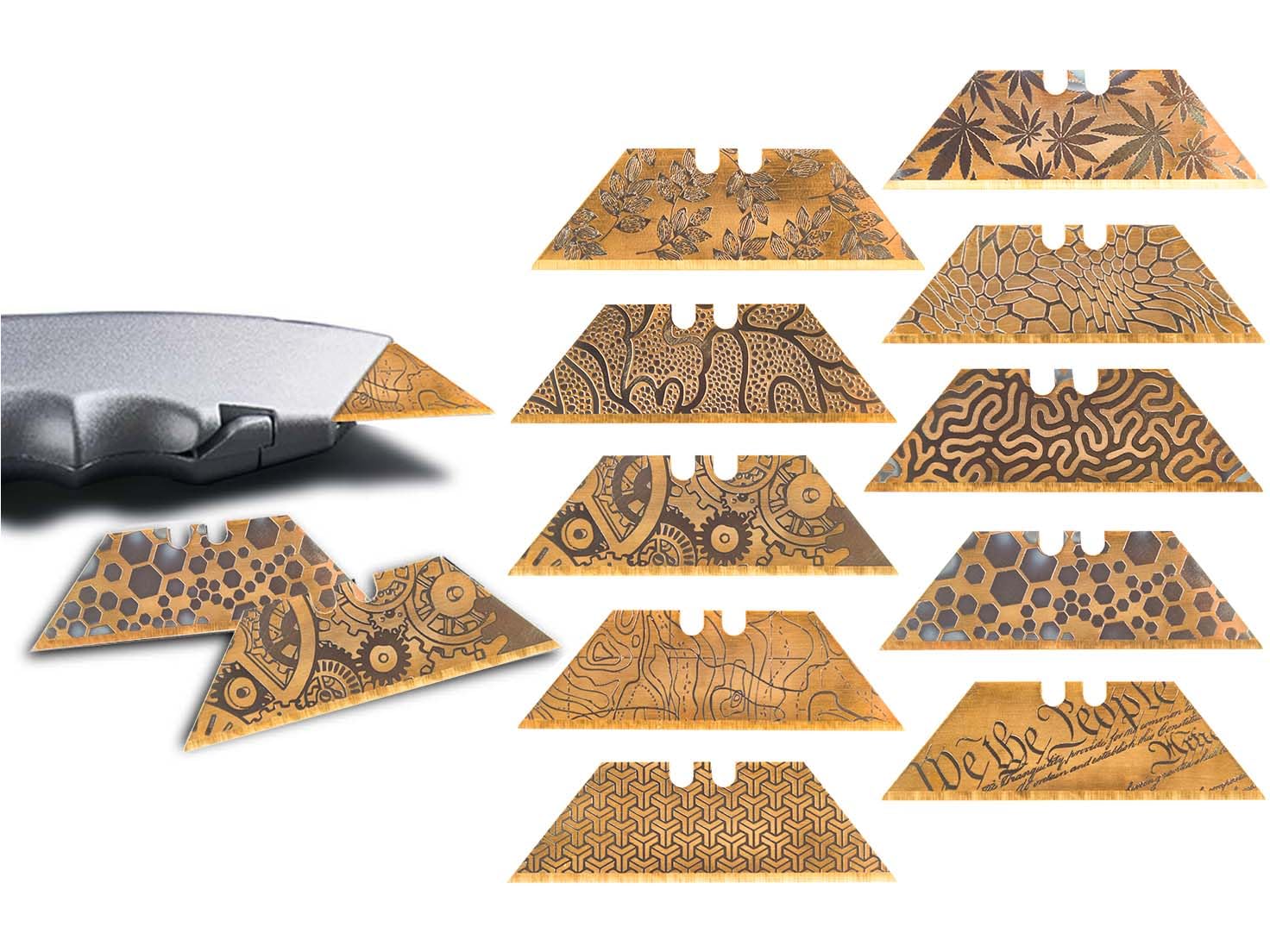 NDZ Performance Steel Blade Replacement for Berkling Utility Knife, Custom Razor Blade, Double Sided Laser Engraved Designs, Gold - Kraken - 1 Pack