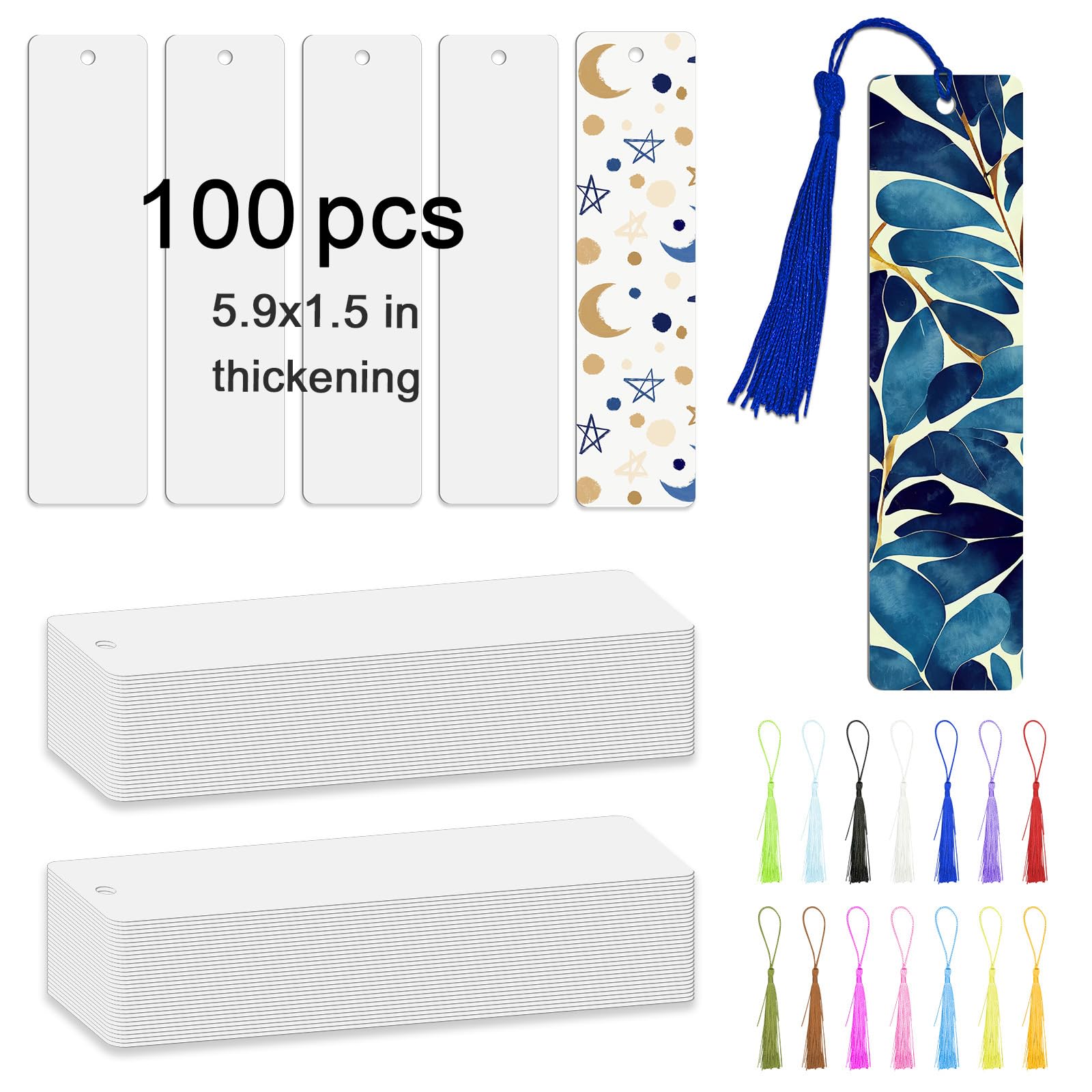 100 segnalibri a sublimazione vuoti 15 x 0,65 mm a trasferimento termico in alluminio segnalibro fai da te con foro e nappe colorate per artigianato, segnalibri vuoti con nappe personalizzate, bianco