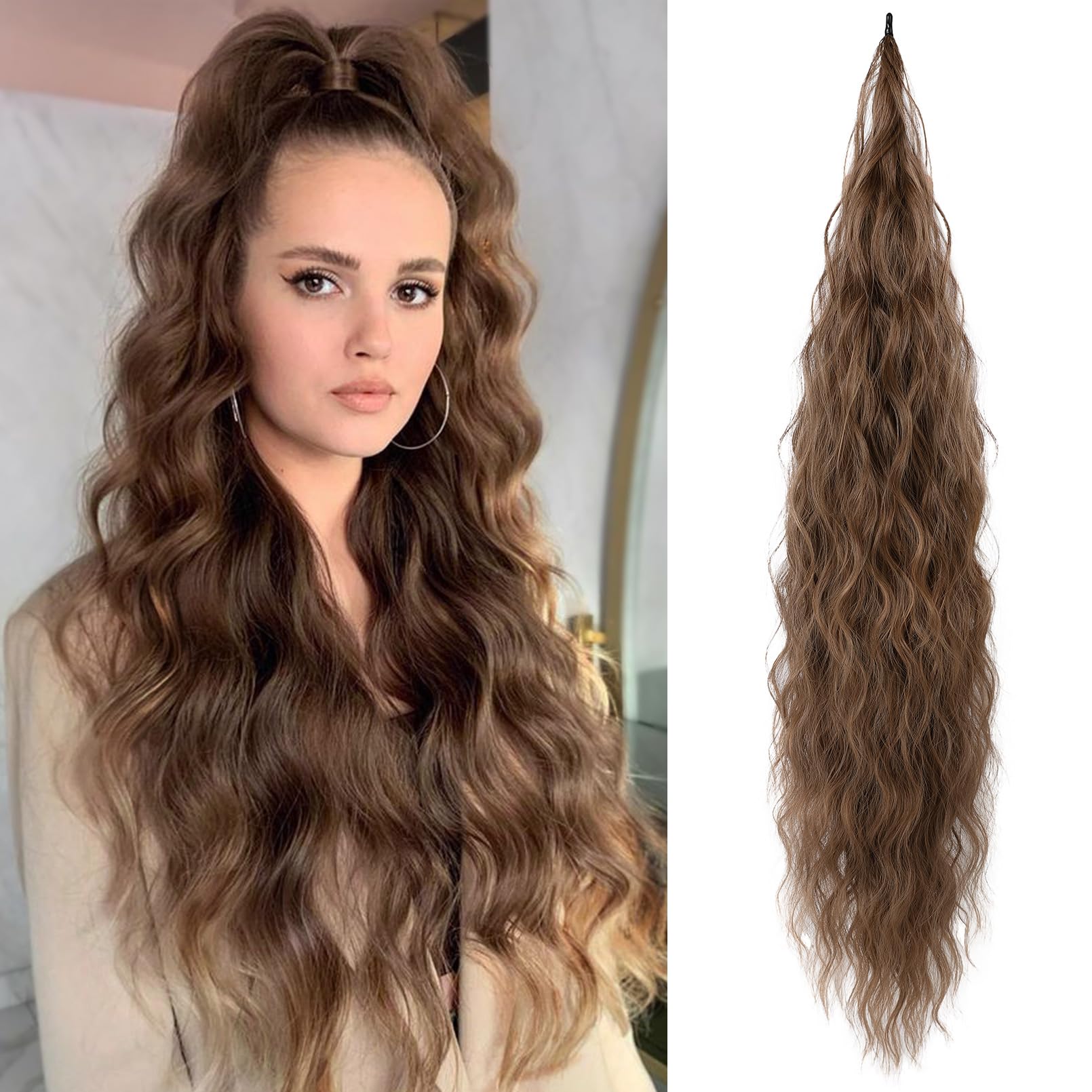 Flufymooz Ponytail Extension, Flexible Wrap Around Ponytail Extension Long Wavy Curly Ponytail Hair Extensions Natural pony tail Synthetic Hairpiece