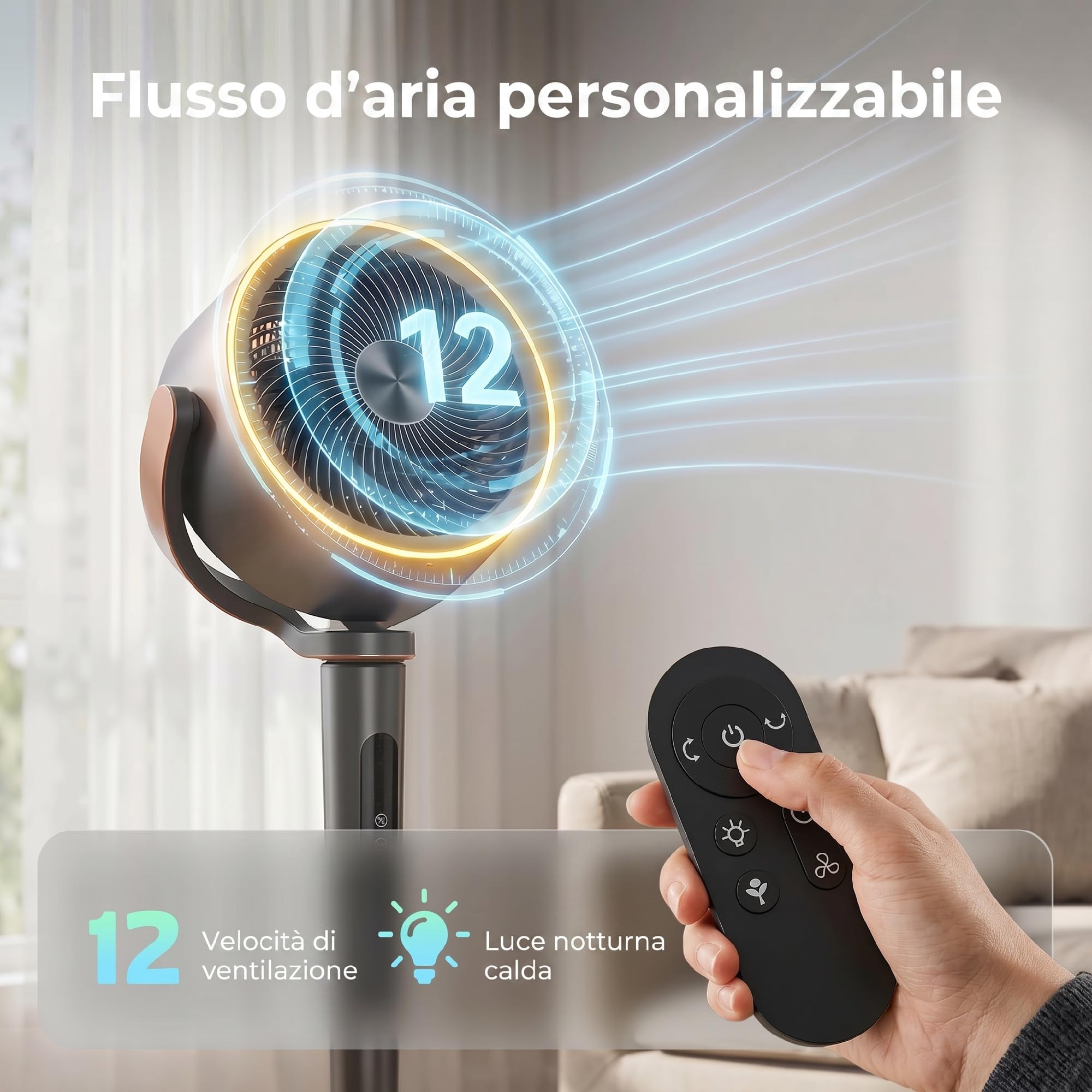 HOMCOM Ventilatore a Piantana Silenzioso 20dB, Ventilatore Camera da Letto, Oscillazione 70°+90°, Funzione Aromaterapia, Ionizzatrice, Motore DC, Telecomando, 12 Velocità, Timer12H, Altezza Regolabile