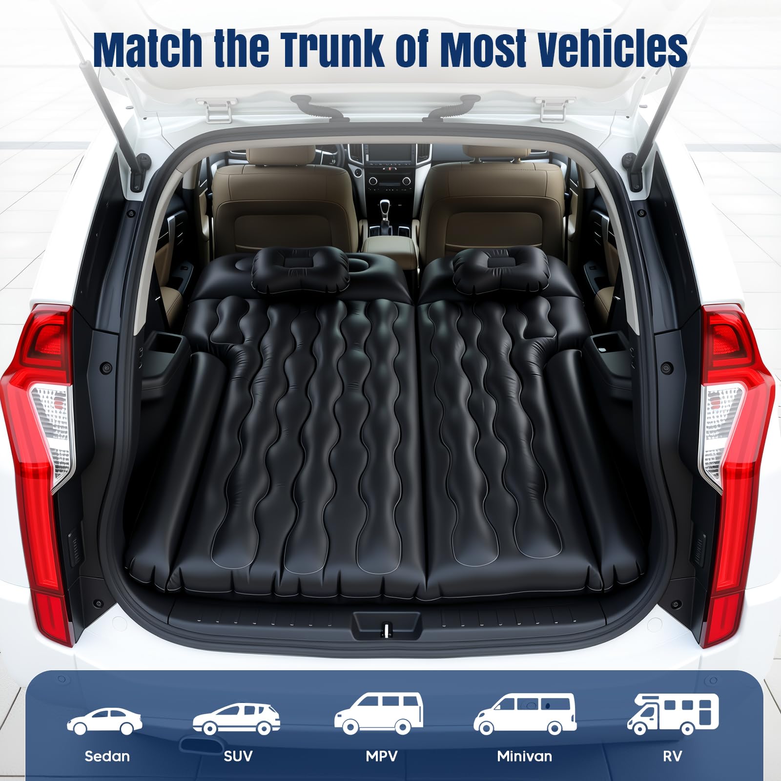 Matelas Gonflable Voiture, Matelas de Camping SUV pour Coffre et Banquette Arrière, Pompe 12V Incluse + 2 Oreillers ,2 Remplisseurs, Surface Flockée Douce Étanche, Convient Voiture RV MPV Fourgonnette