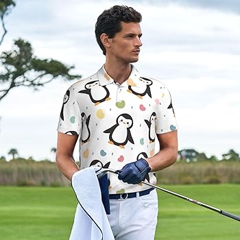 Mosytuky Colorful Hearts Penguin Print Polo Shirts for Men