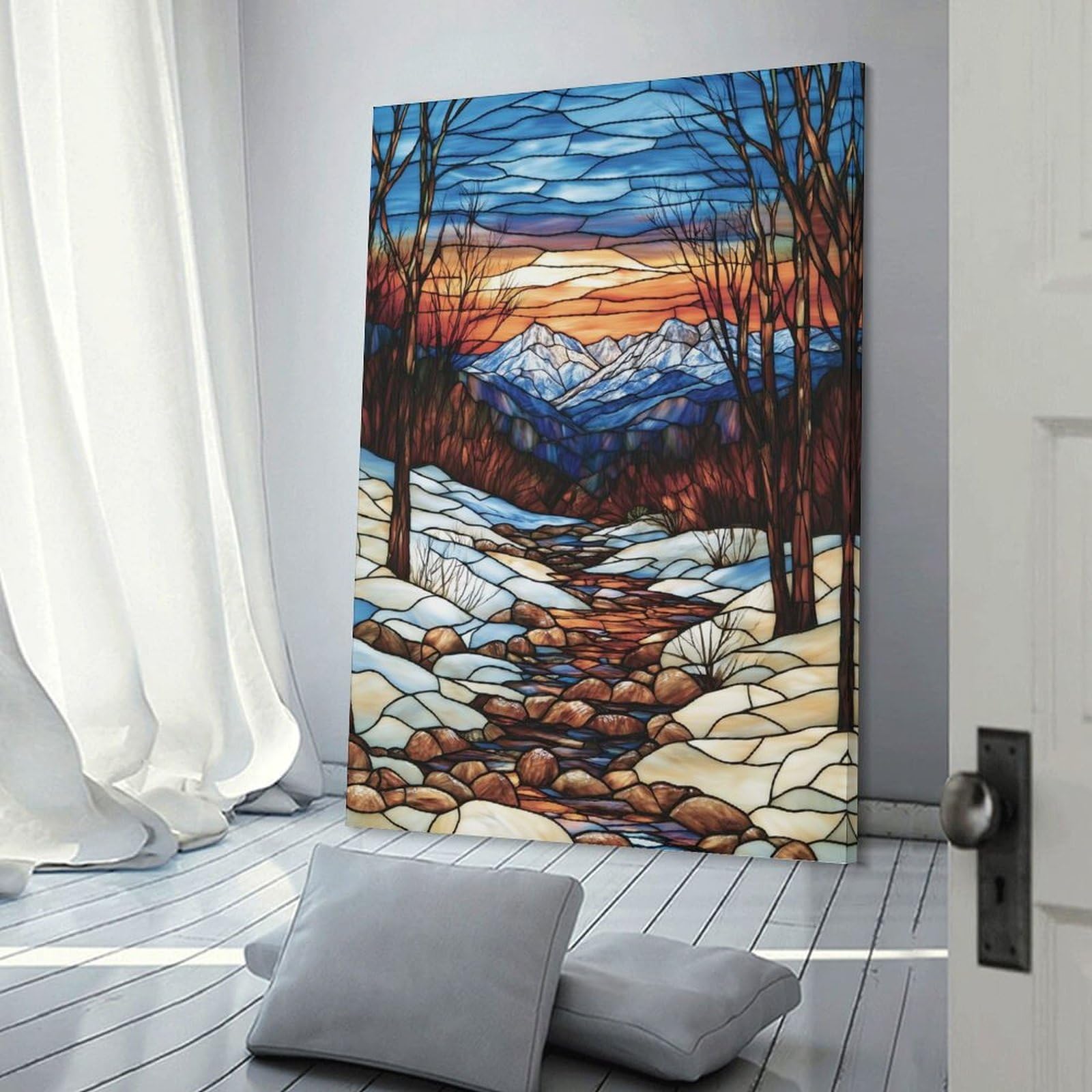 Junmoney Frame-Style-17-1 Stained Glass Mountain Stream Canvas Wall Art 16X24inch(40X60cm), For Workspace Walls, Study Corners Or Bedrooms, Wall Art That Adds Style To Work Areas