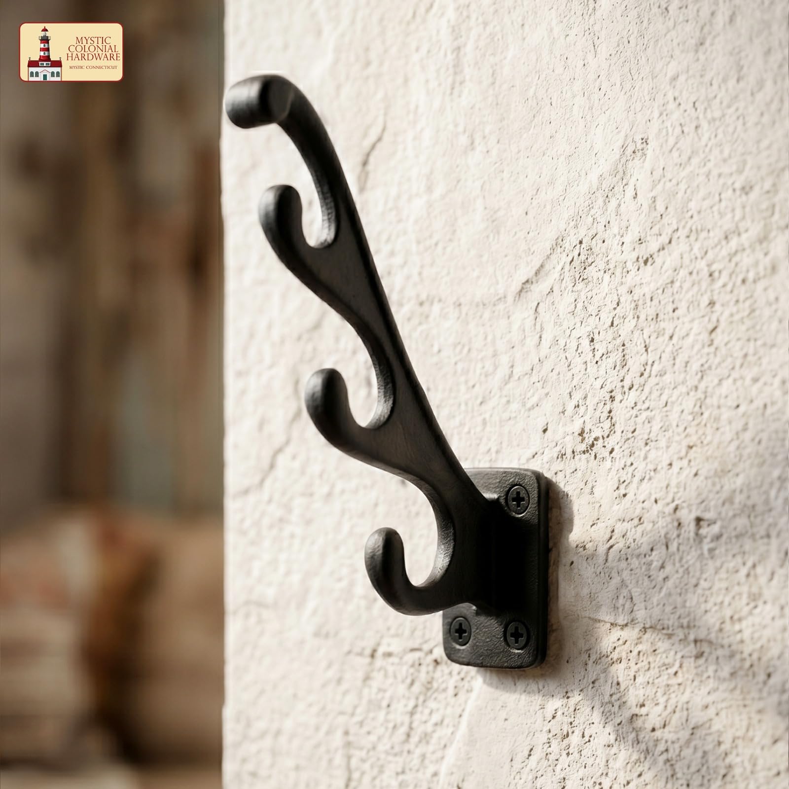 Mystic Colonial - Set di 2 ganci da parete in ghisa con corna di cervo, da parete, per cappotti, cappelli, borse, chiavi e asciugamani