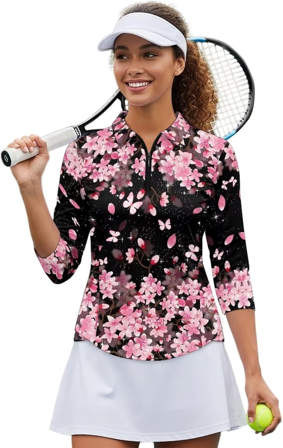 Biyejit Womens Golf Shirt 3/4 Sleeve Quarter Zip Workout Tennis Tops Quick Dry Collared V Neck Polo Shirts Moisture Wicking
