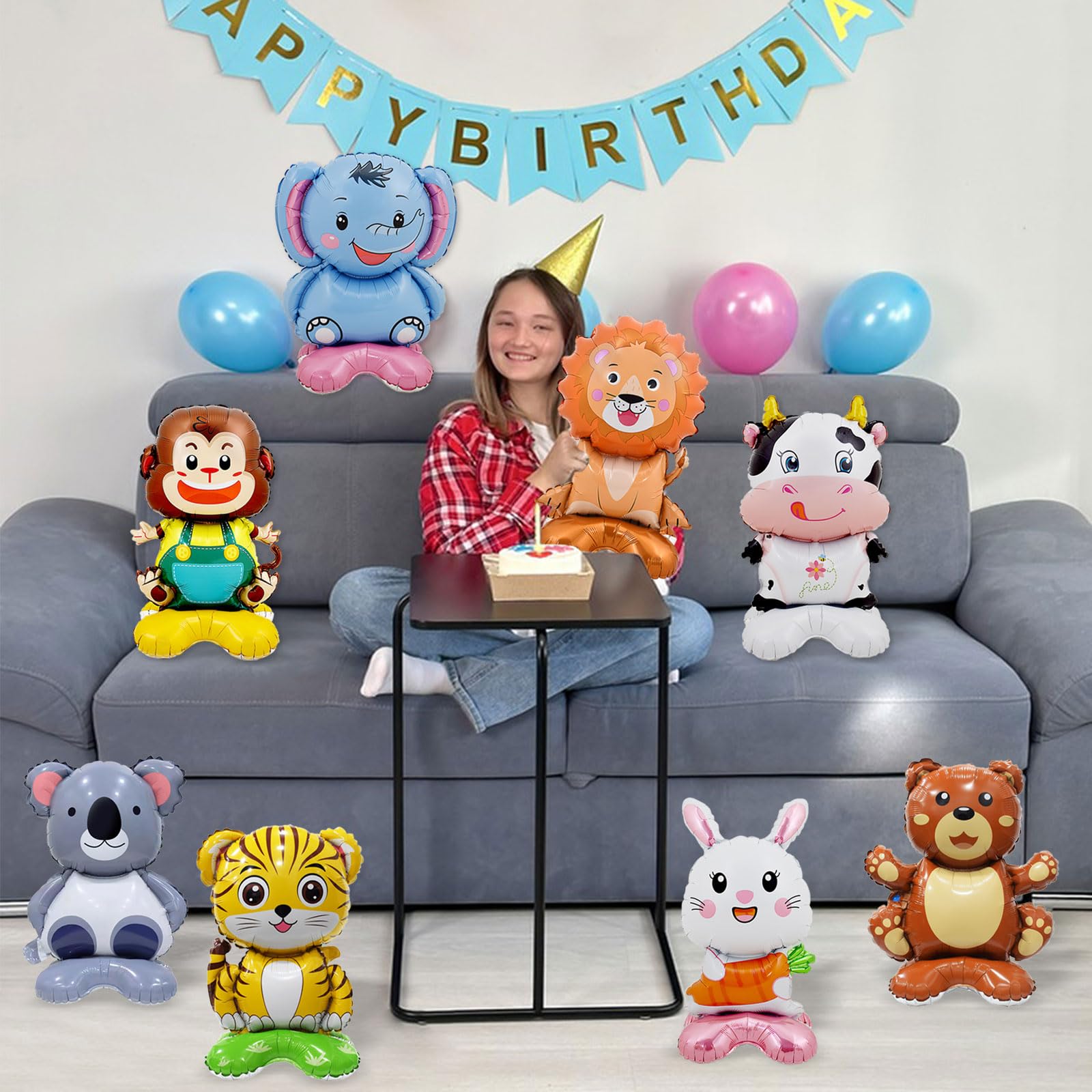 8 Pc Standing Cute Animal Foil Balloons - Lion, Bear, Cow, Monkey, Koala, Tiger, Elephant, Bunny - Jungle Safari Zoo Themed Baby Shower Birthday Party Decorations