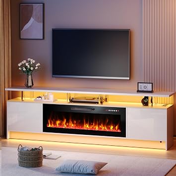 Kucreiheat Fireplace TV Stand for 70-90 inch TV, Large Entertainment Center with Fireplace,Power Outlet & LED Lights,High Gloss Living Room Storage Cabinet, White, 80High