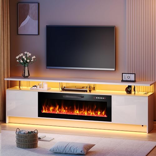Kucreiheat Fireplace TV Stand for 70-90 inch TV, Large Entertainment Center with Fireplace,Power Outlet & LED Lights,High Gloss Living Room Storage Cabinet, White, 80''(High)