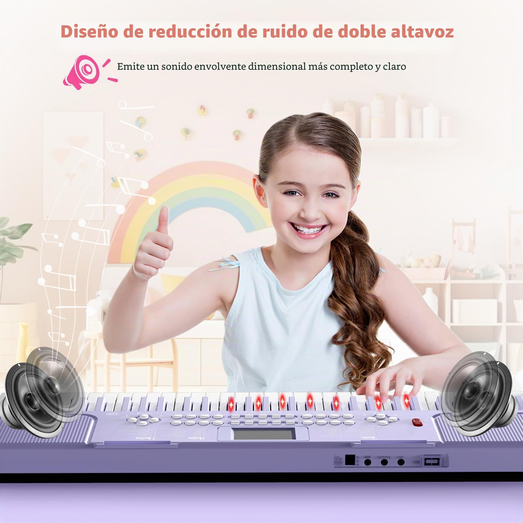 Piano digital electrónico para niños con teclas iluminadas, portátil, de 61 teclas, juguete musical educativo para principiantes con atril y micrófono. (Púrpura)