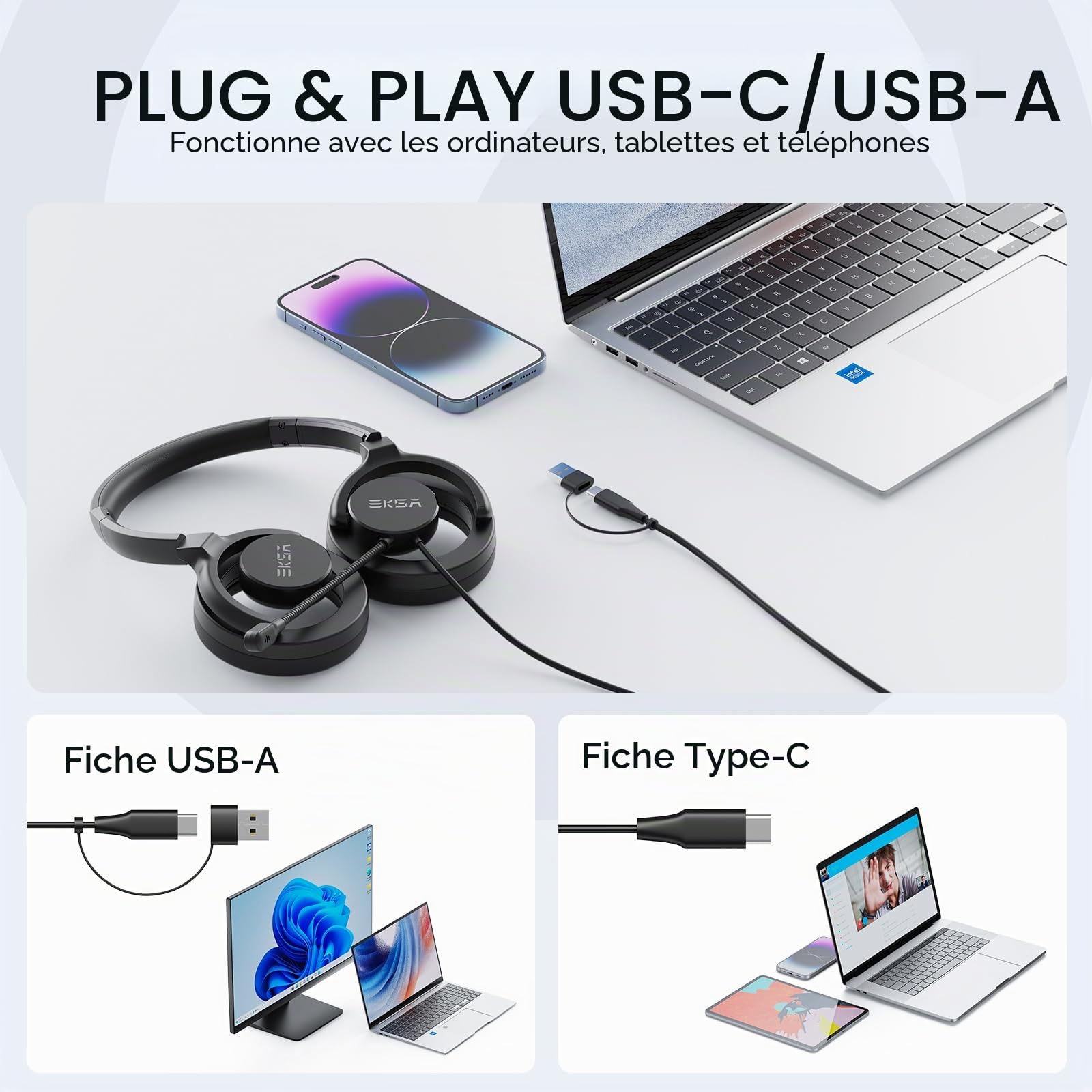 EKSA H27 Casque PC avec Microphone, Casque Stéréo Filaire Ouvert avec Bouton, Casque à Réduction de Bruit avec Ports USB-C/USB-A pour Portable/Bureau/Centre D'appels
