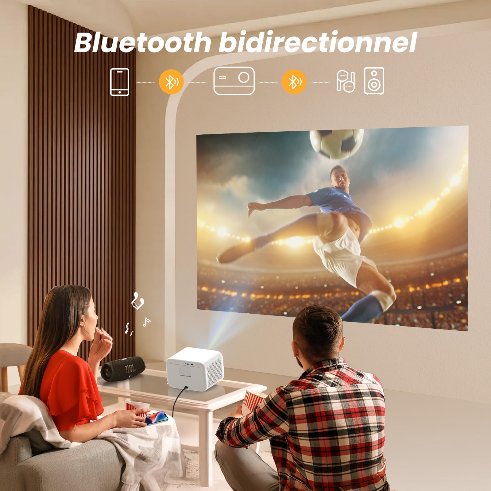 Videoprojecteur 4K avec Son JBL, Yaber Projecteur Video Auto Focus, L2S Videoprojecteur Portable Courte Focale, Retroprojecteur Extérieur Natif 1080P, WiFi6 Bluetooth, HDMI/USB(Blanc Gris)