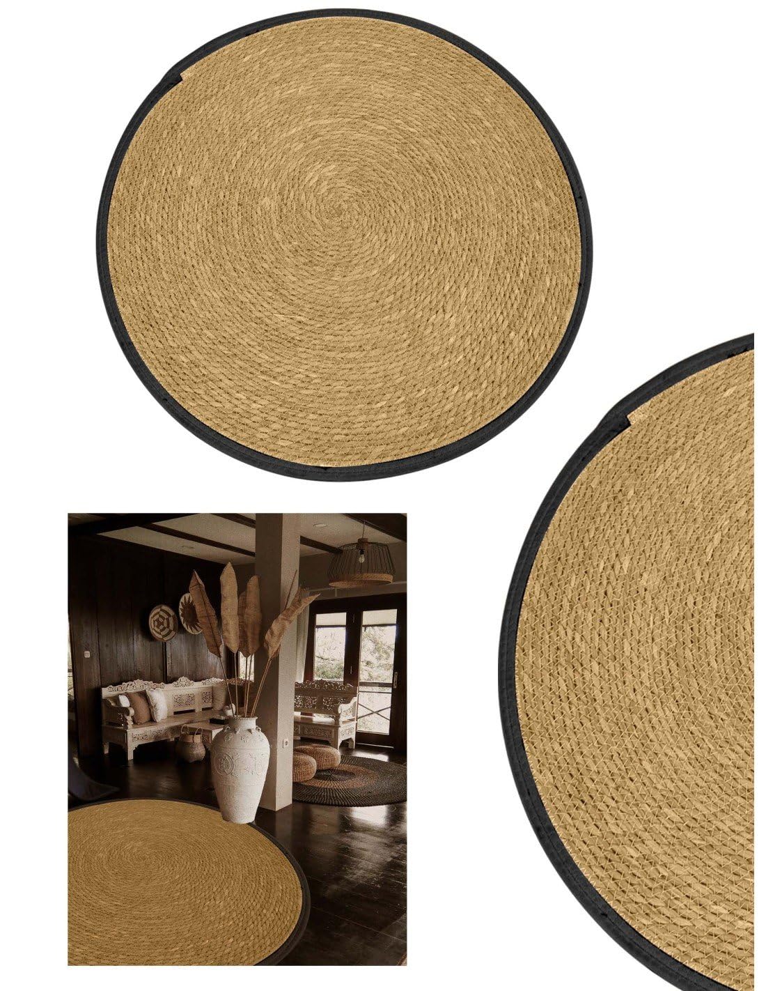 Jardin202 - Alfombra de Yute Redondo Trenzada a Mano – Alfombra Multiuso Decorativa Color Natural | 100 cm (Negro)