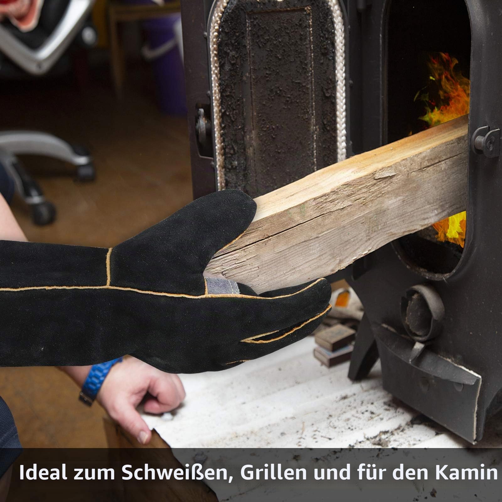 Extrem hitze- und feuerbeständige Handschuhe aus Leder mit Kevlar-Nähten, perfekt für Kamin, Herd, Ofen, Grill, Schweißen, BBQ, MIG, Topflappen, Tierhandhabung, schwarz-grau