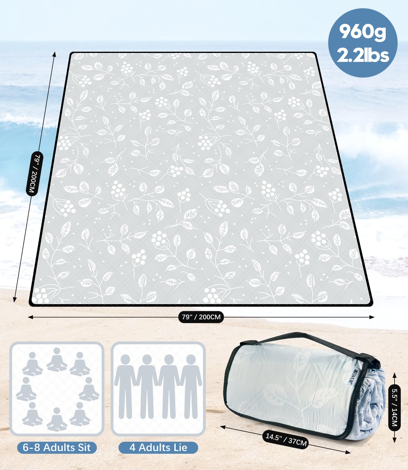 Couverture Pique-Nique DEWUR XXL 200x200cm - Imperméable Pliable Pour Plage Camping Parc