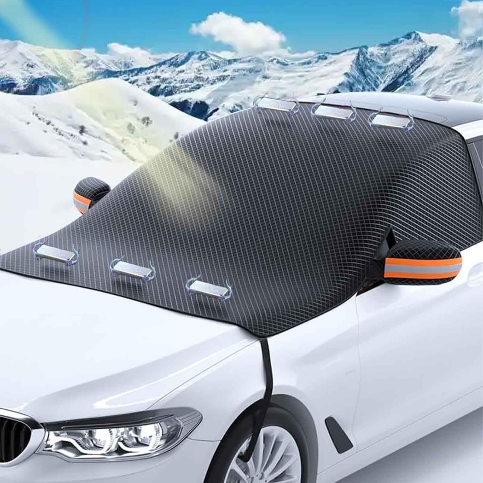 Couverture Pare Brise Voiture Hiver pour Peugeot Rifter 2018-2023, Auto Protege Pare-Brise Avant Bache Anti Givre Neige MagnéTique Repliable Protection Accessoires,A/Black-Orange